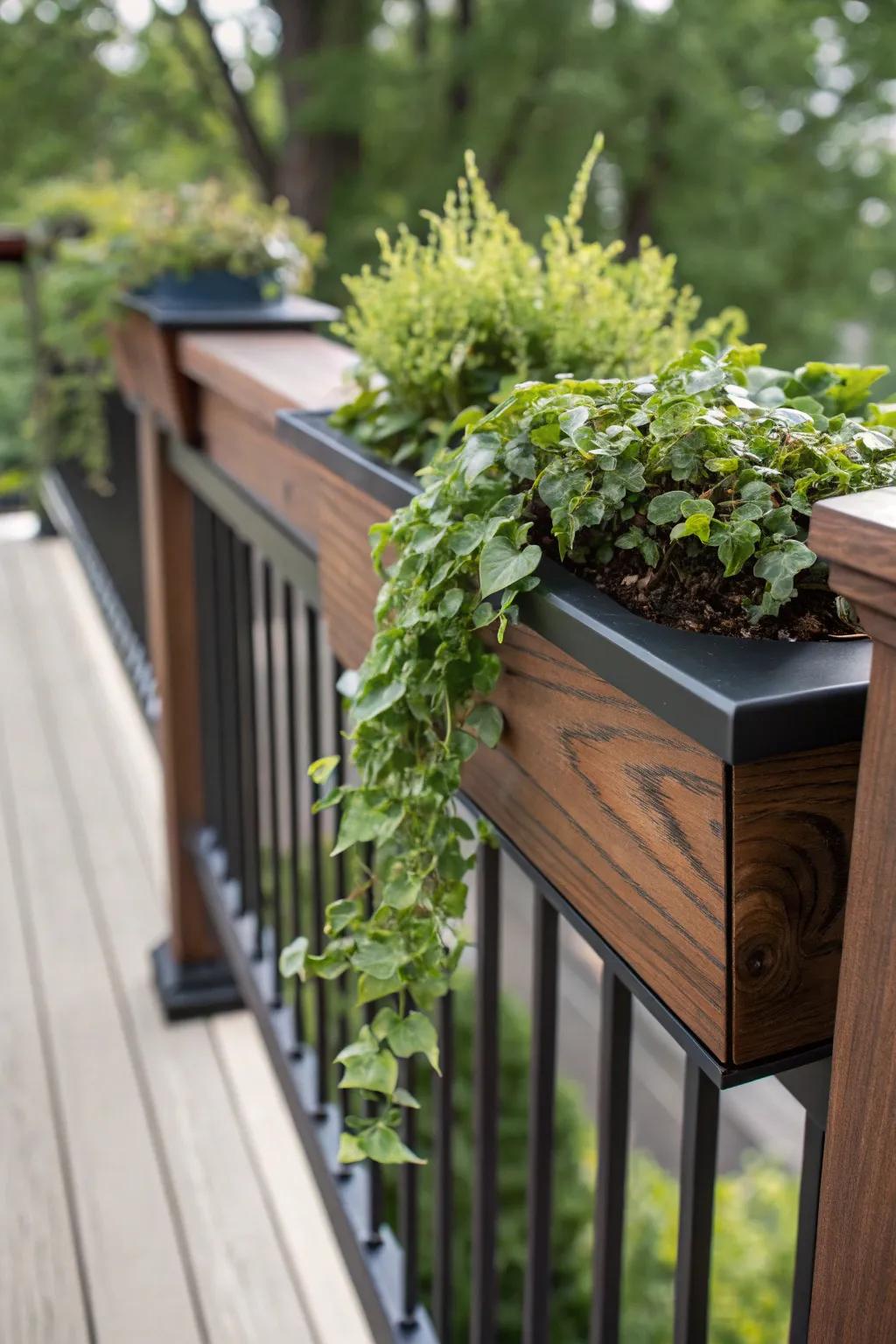 Elevate your deck with handcrafted railings and lush greenery for a touch of nature's elegance.