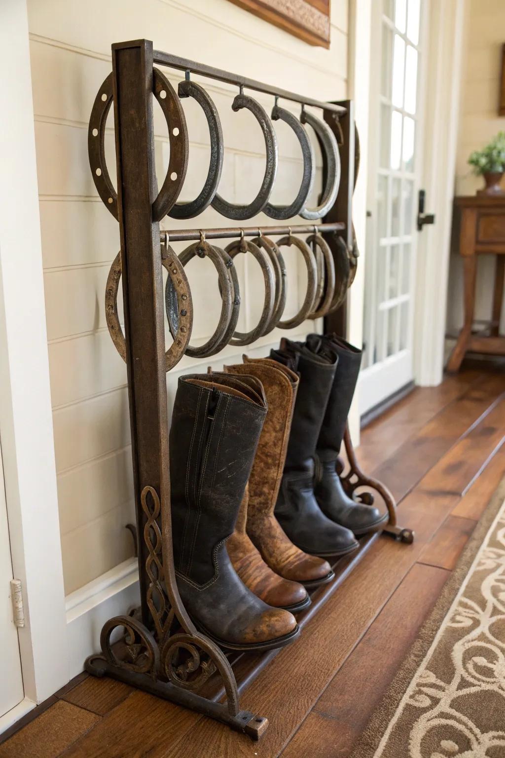 Elevate your entryway with this handcrafted horseshoe boot rack, where function meets rustic charm.