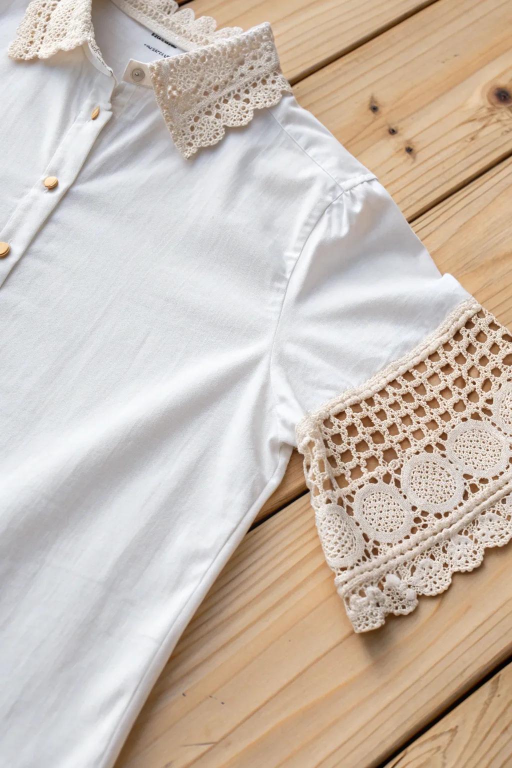 Elevate your shirt game with delicate crochet sleeve inserts for a touch of handcrafted elegance.