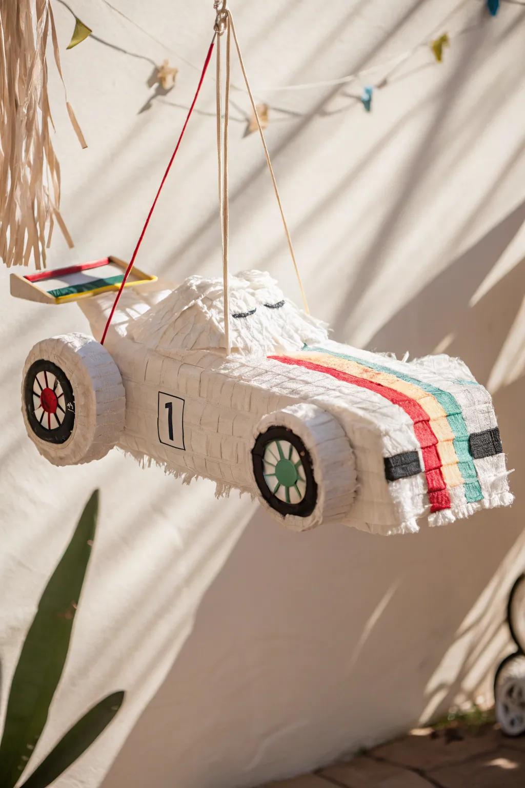 Rev up your party decor with this charming race car pinata – a perfect blend of minimalist design and playful fun.