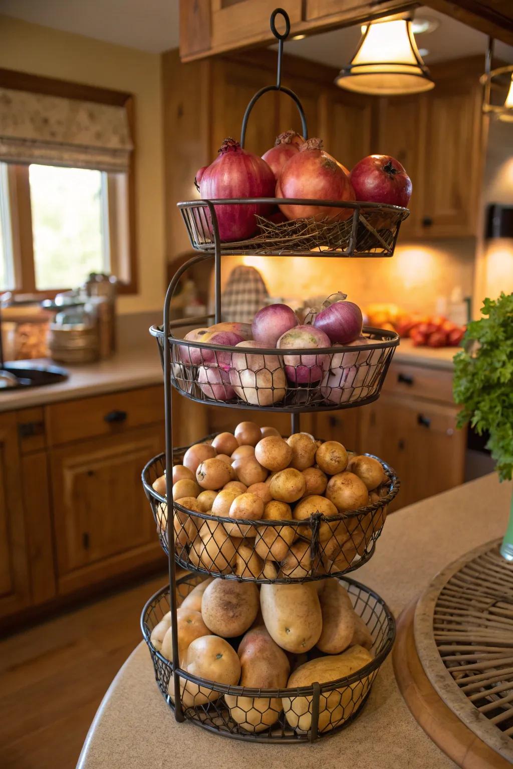 Tiered baskets offer organized and space-saving storage for produce.