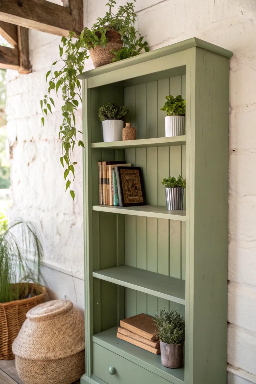 Embrace tranquility with nature-inspired hues on your bookshelf for a serene, organic space.