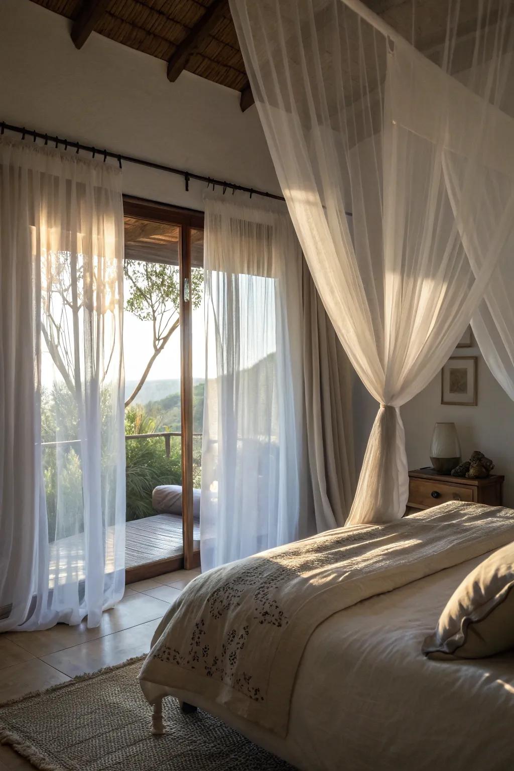 Sheer curtains enhance light and privacy.