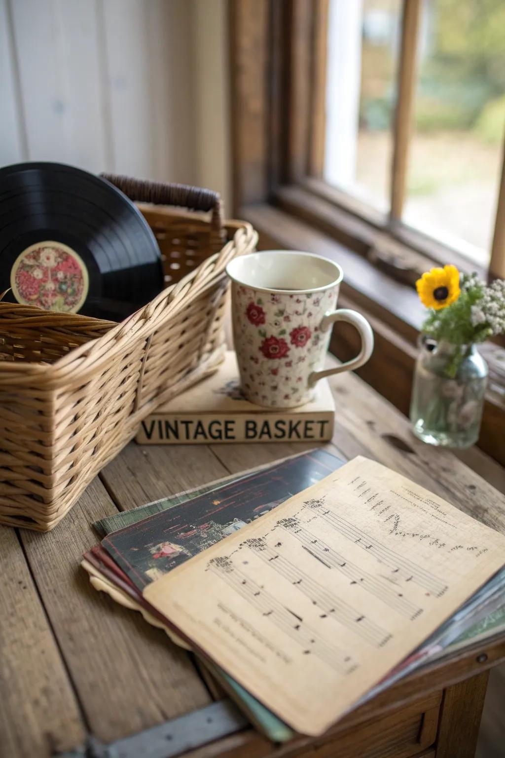 Embrace vintage charm with a curated basket of nostalgic treasures. 🌿📚☕️ #VintageCharm #ScandiBoho