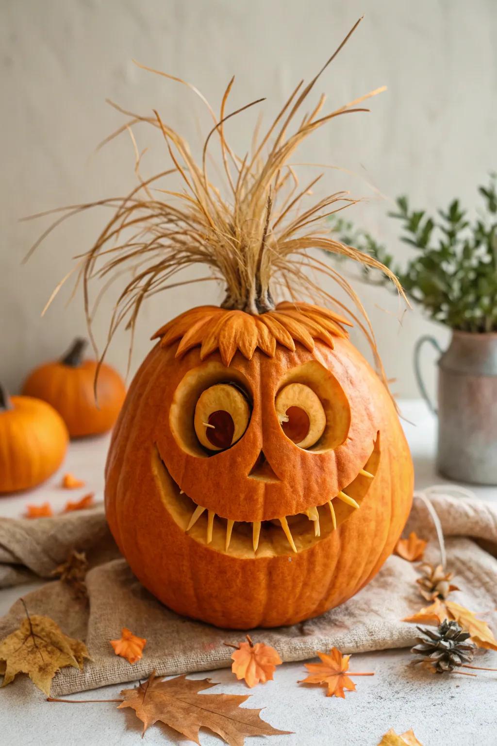 Bring laughter to your autumn decor with this hilarious pumpkin hairstyle!