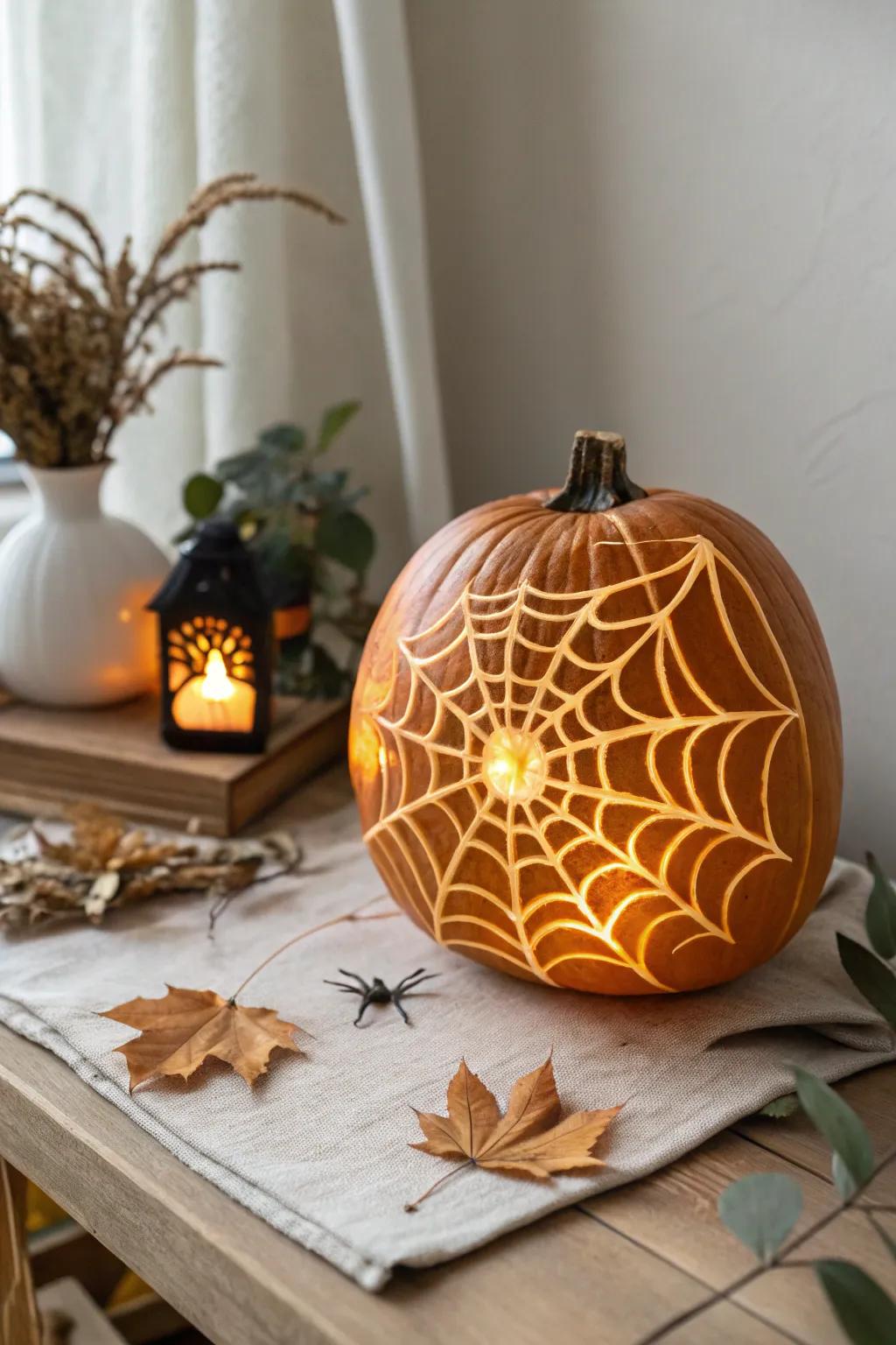 Illuminate your Halloween with a touch of elegance: a perfectly crafted spider web jack-o'-lantern.