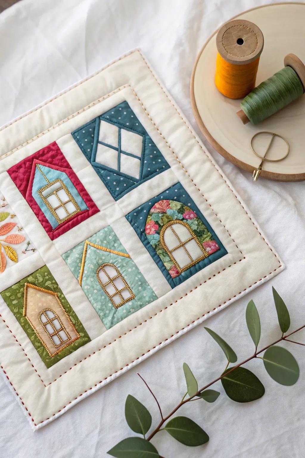 Peek through the whimsical windows—each quilt block tells a story of color and craft.