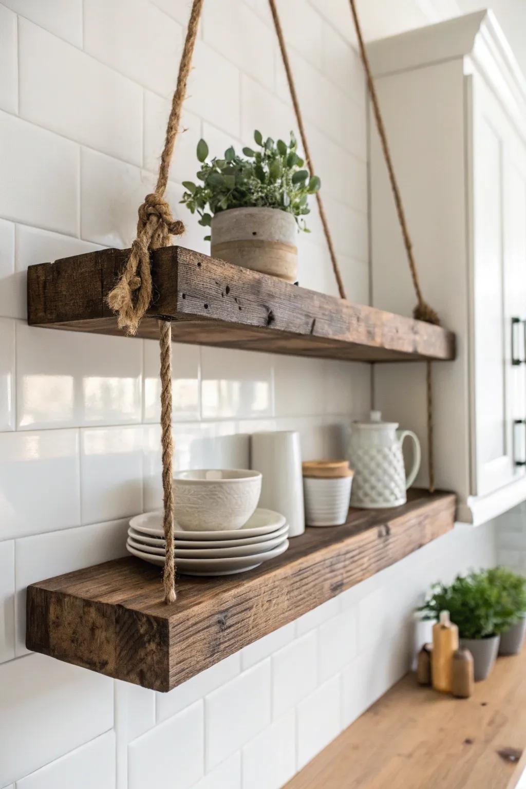 Elevate your kitchen with the timeless charm of reclaimed wood shelves, where simplicity meets natural elegance.