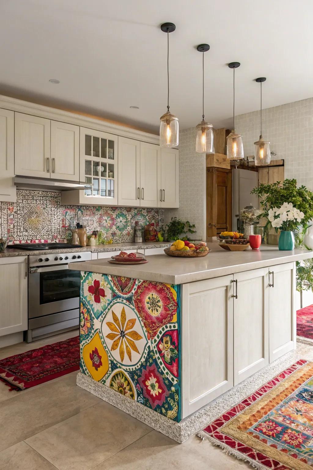 A multicolor mosaic kitchen island becomes a vibrant focal point in this eclectic kitchen.