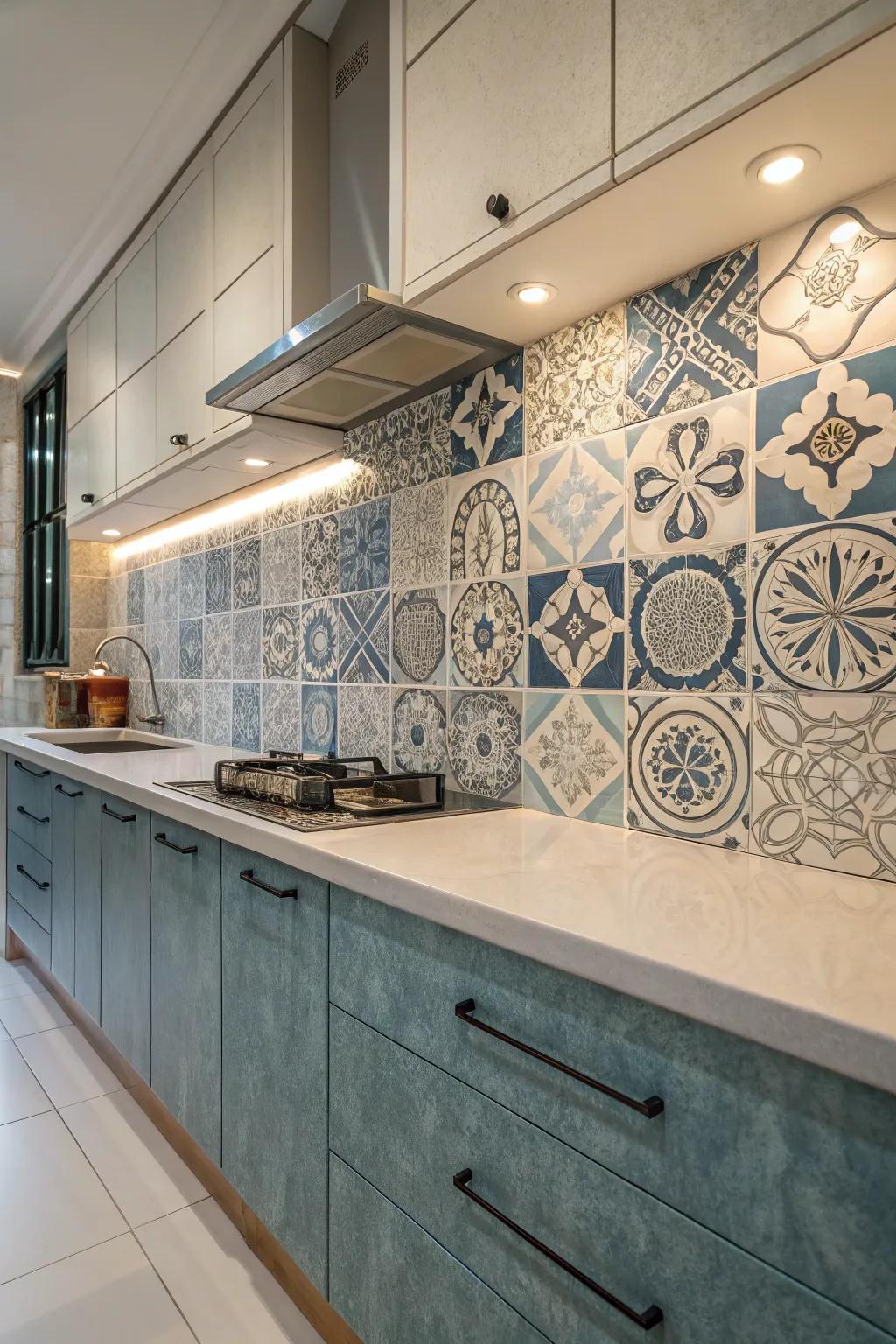 Abstract patterned tiles add an artistic flair to this kitchen wall.