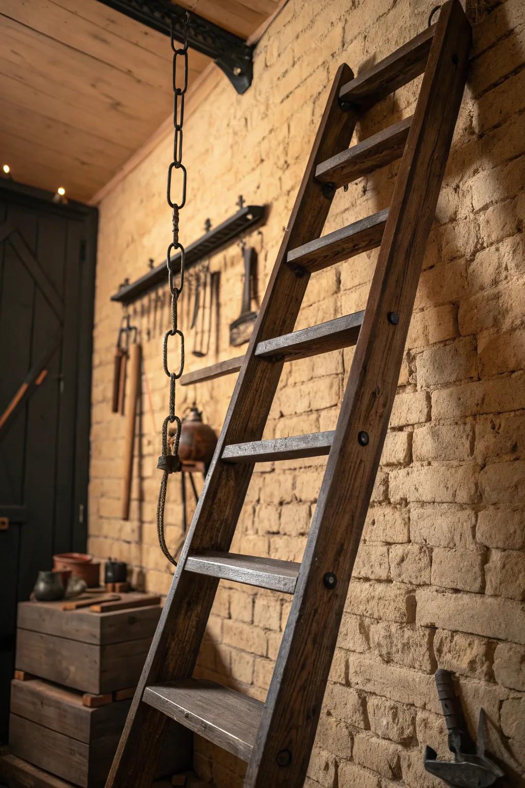 Elevate your space with a touch of rustic elegance: the perfect ladder storage solution for the discerning craftsman.
