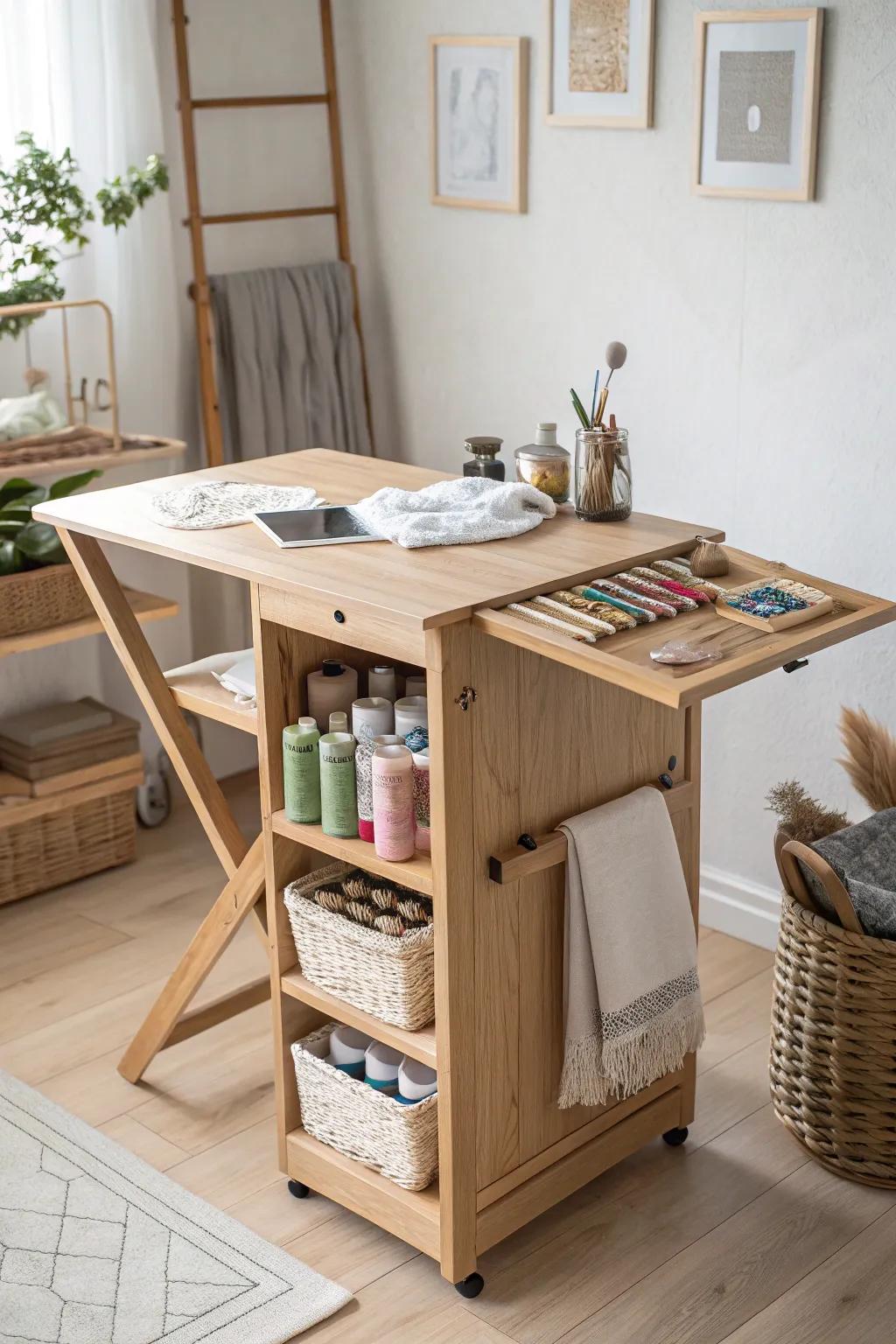 Transform your laundry pedestal into a chic craft haven—style meets function in this minimalist setup.