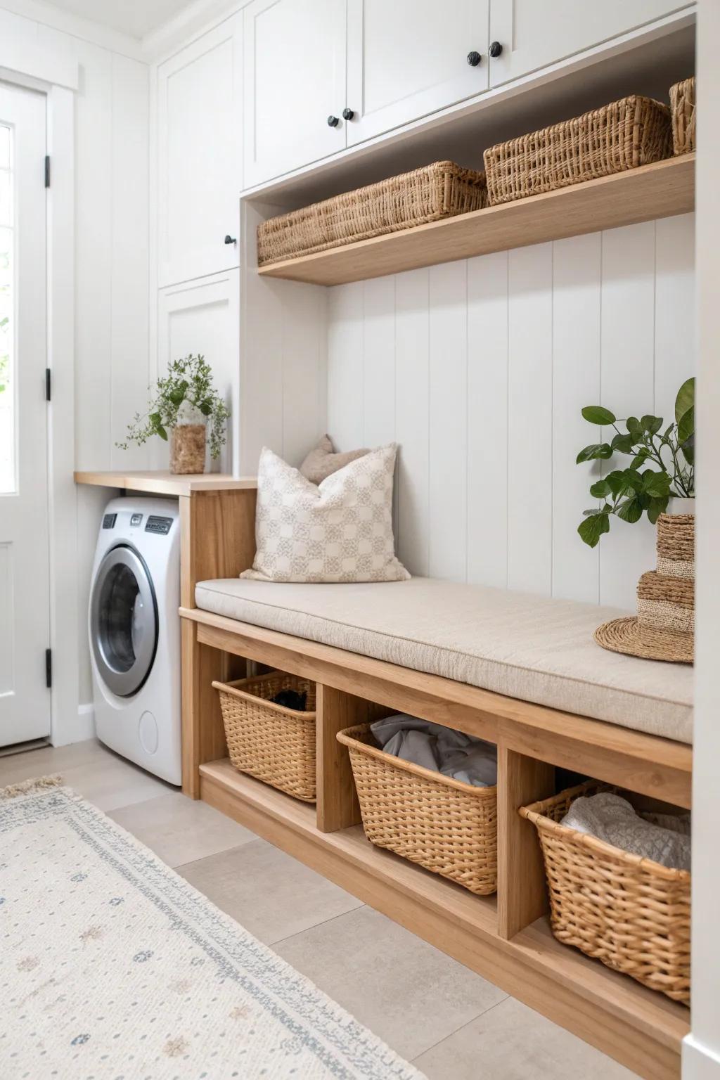 Transform your laundry room with a stylish built-in bench that combines function and elegance. 🌿✨