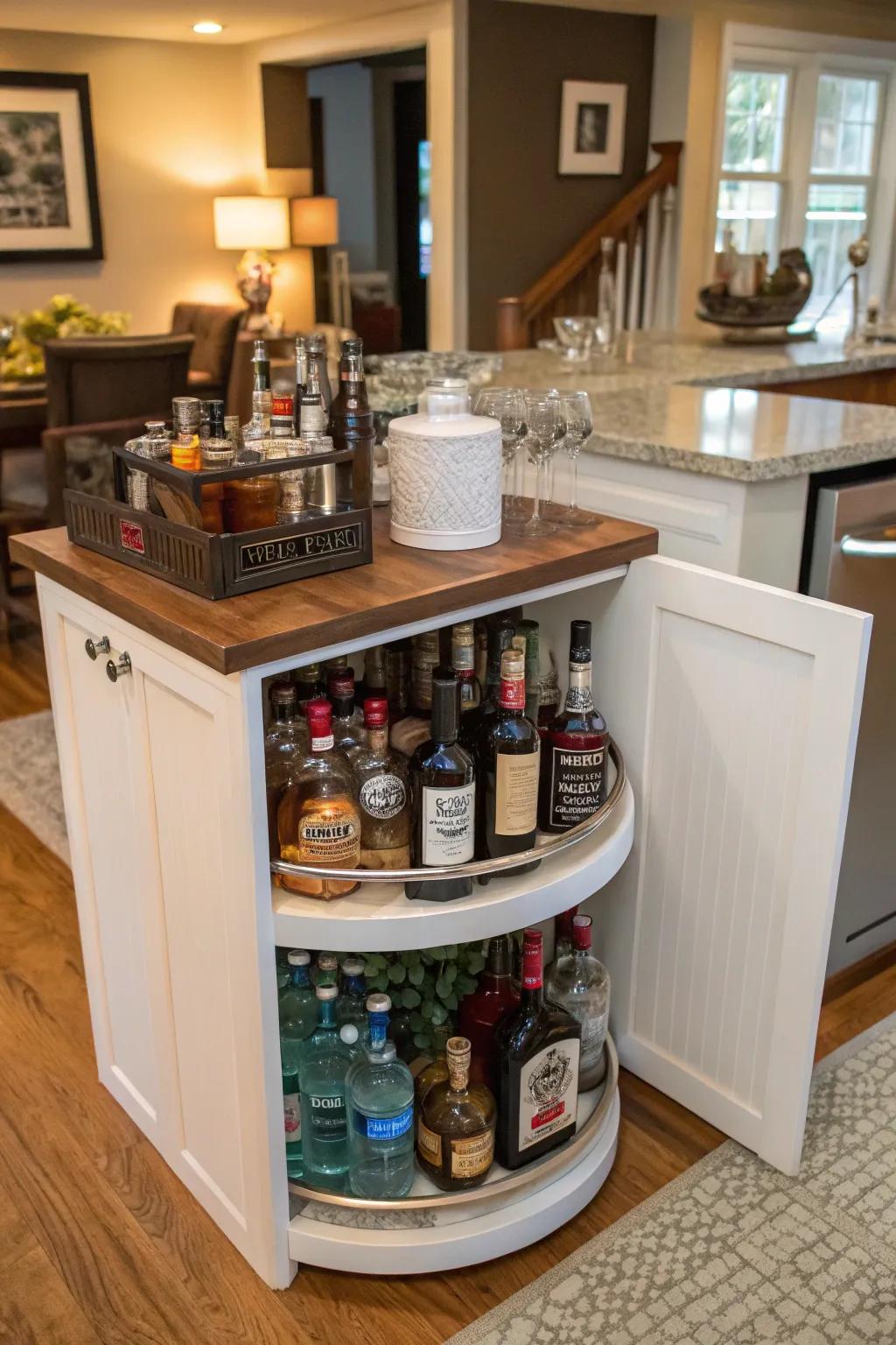 A stylish mini bar setup with a lazy susan for easy drink mixing.