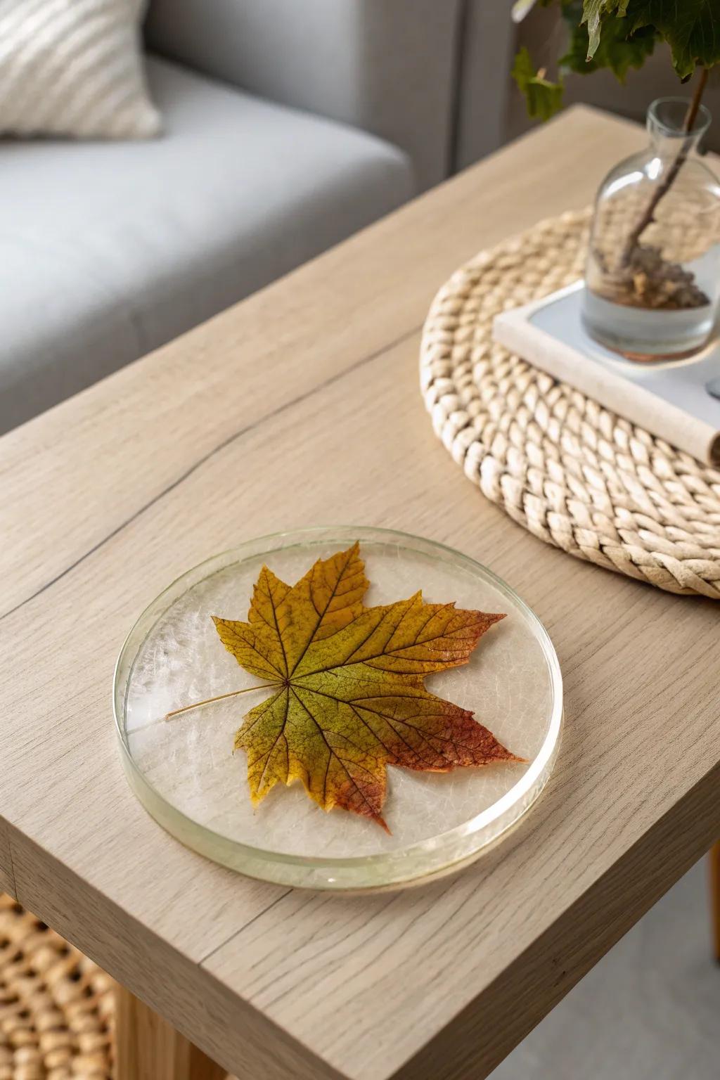Embrace nature's elegance with this exquisite leaf-infused resin coaster, where minimalist design meets bohemian charm.