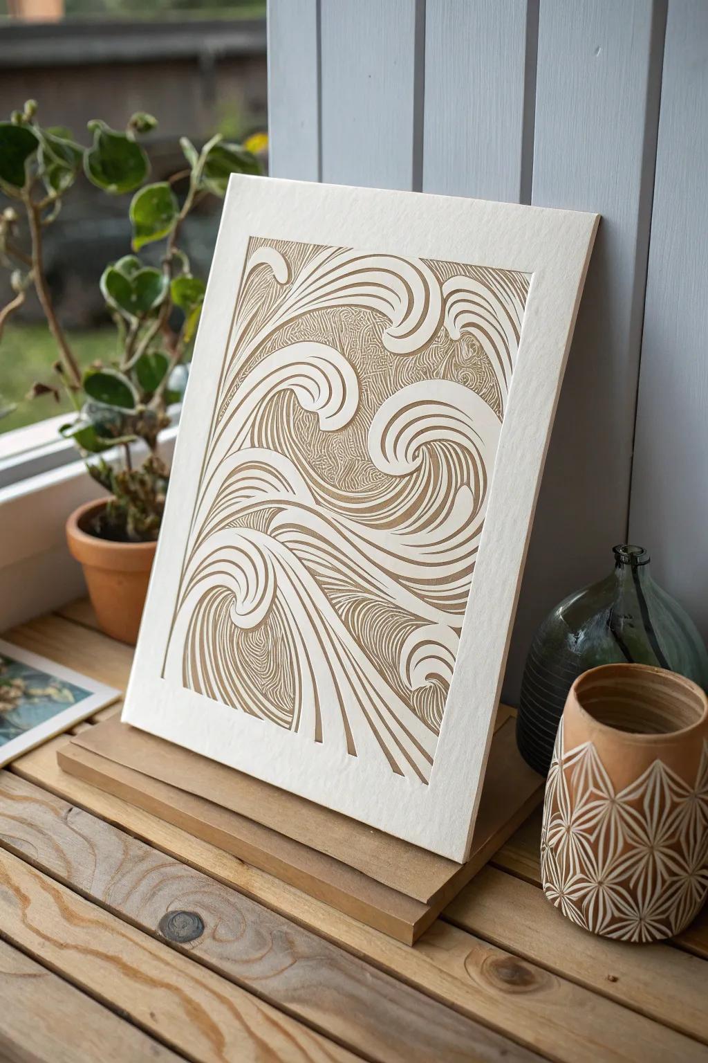 Embrace the flow of creativity with this dynamic linocut masterpiece.