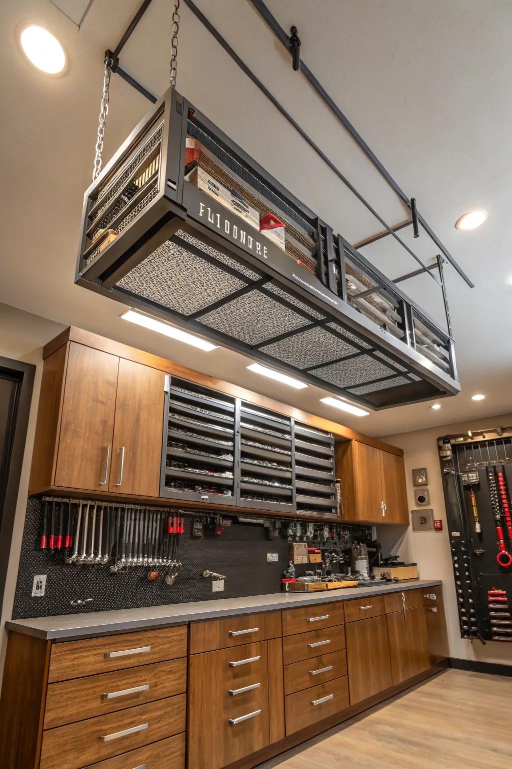 Elevate your workshop organization with a sleek ceiling storage rack—perfect for maximizing space and showcasing craftsmanship.