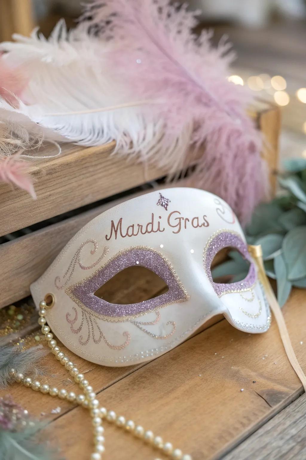 Add a personal touch to your Mardi Gras style with a bespoke monogram mask, blending minimalism and elegance.