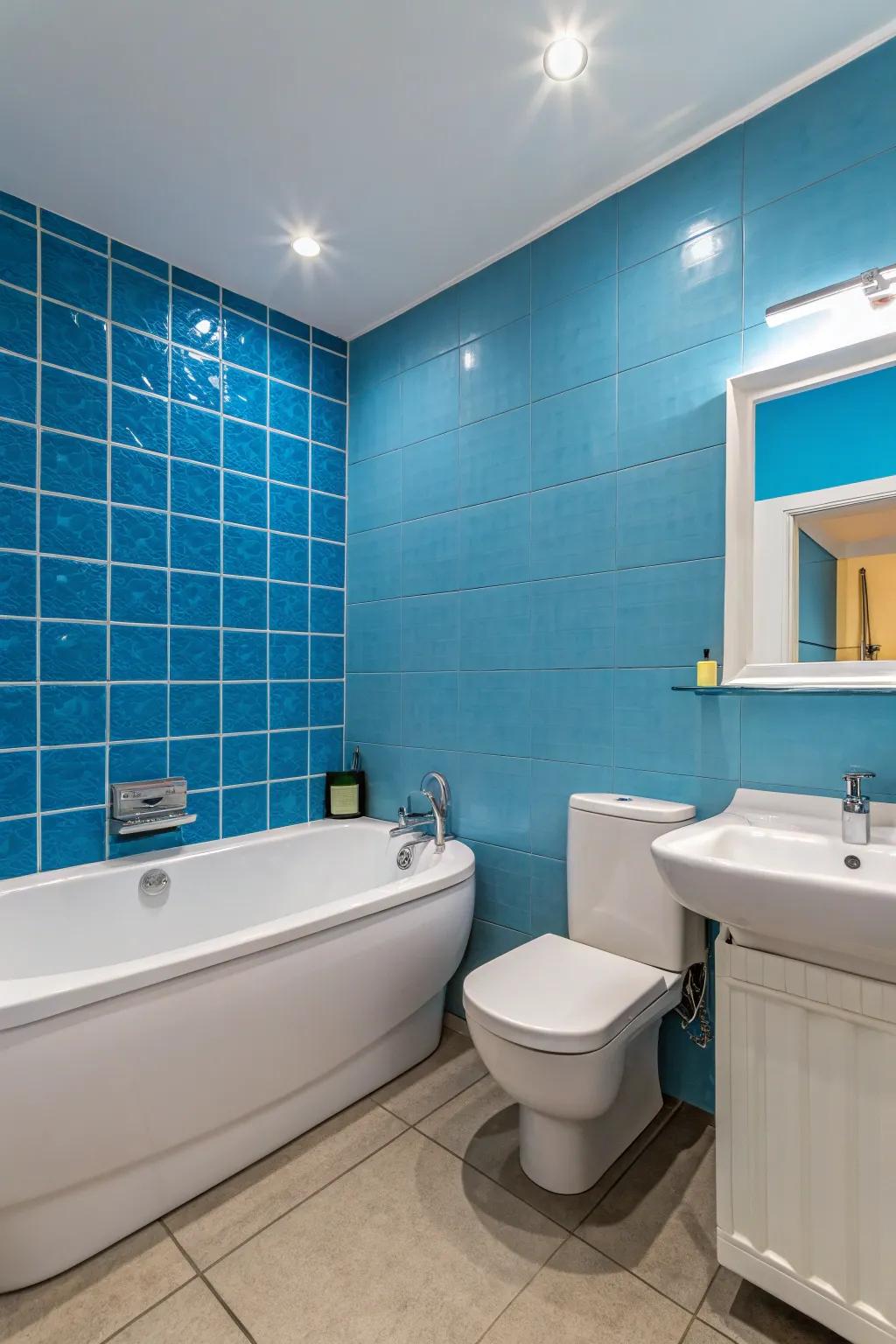 A blue accent wall adds depth and character to this modern bathroom.