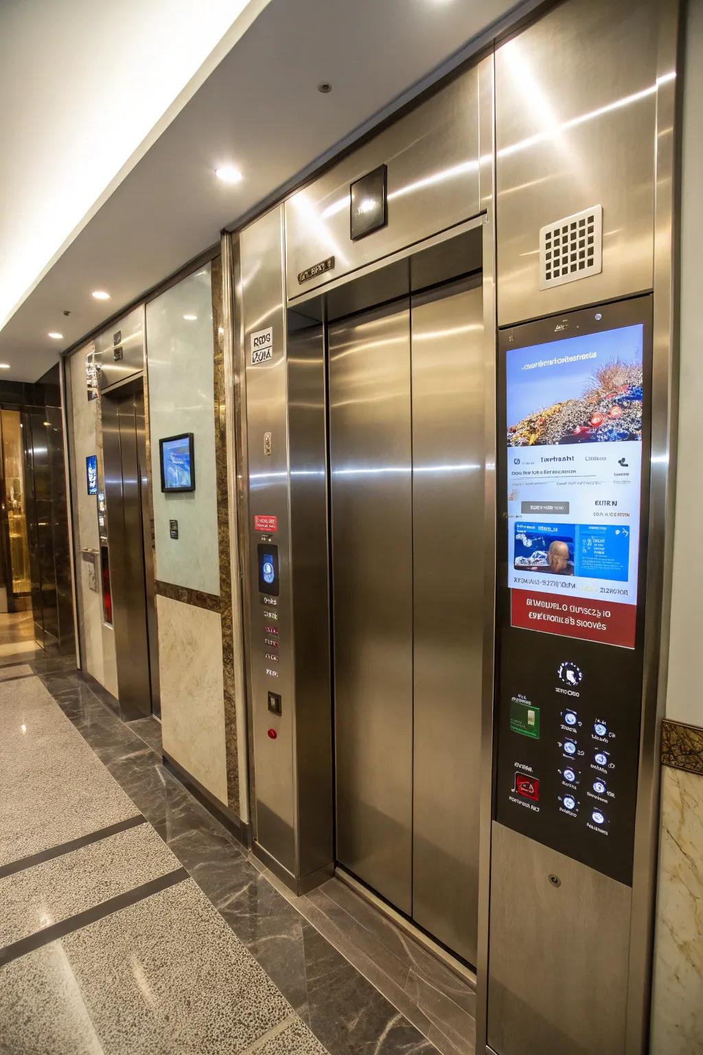 An elevator interior featuring interactive panels for a tech-forward experience.