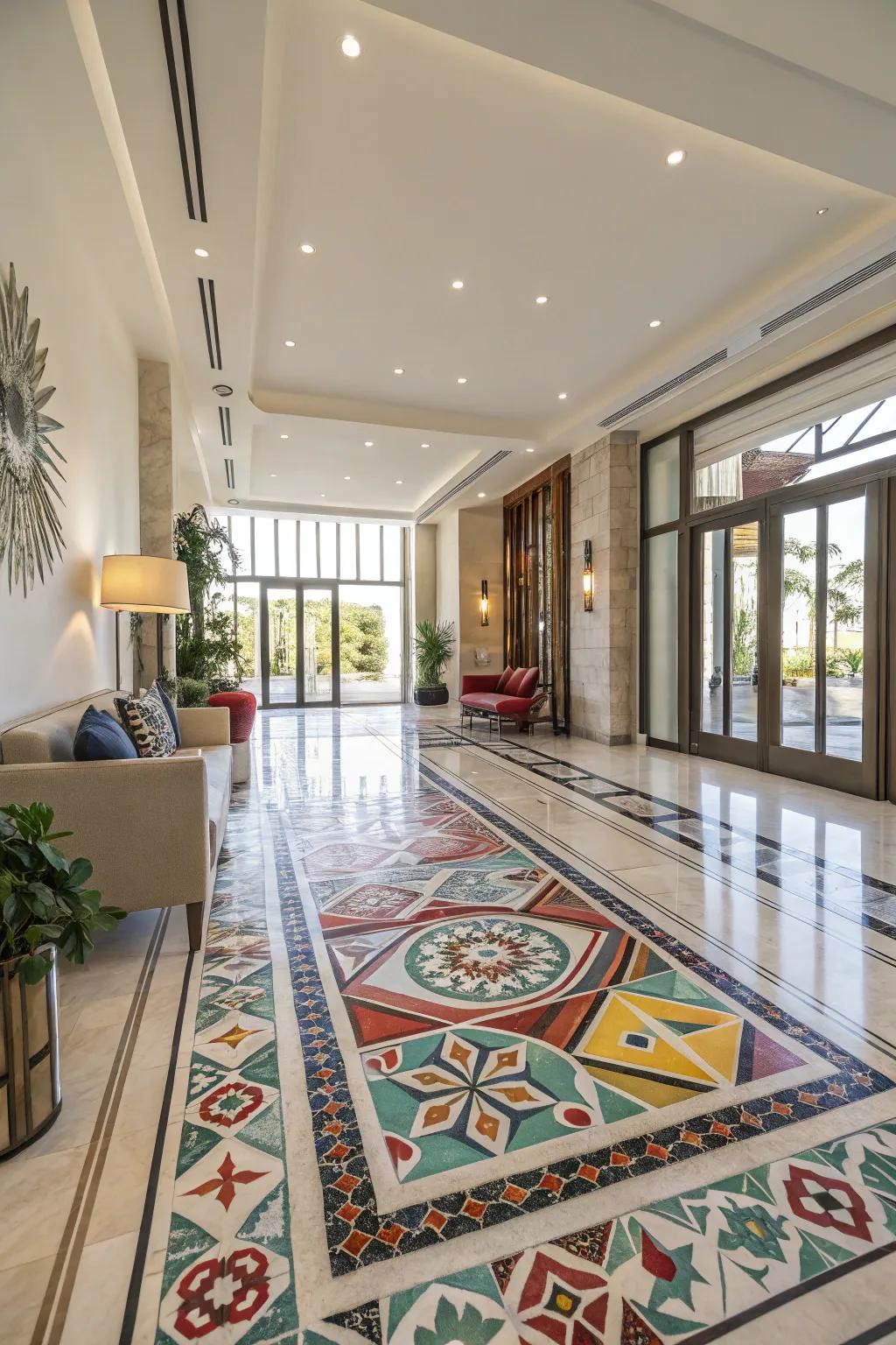 Statement flooring makes a bold impact in this modern foyer.