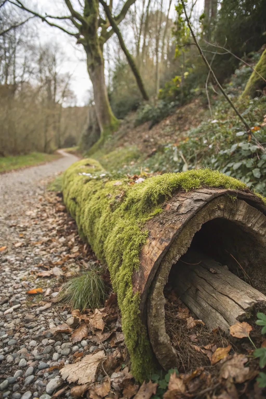 A rustic hollow log planter filled with lush moss.
