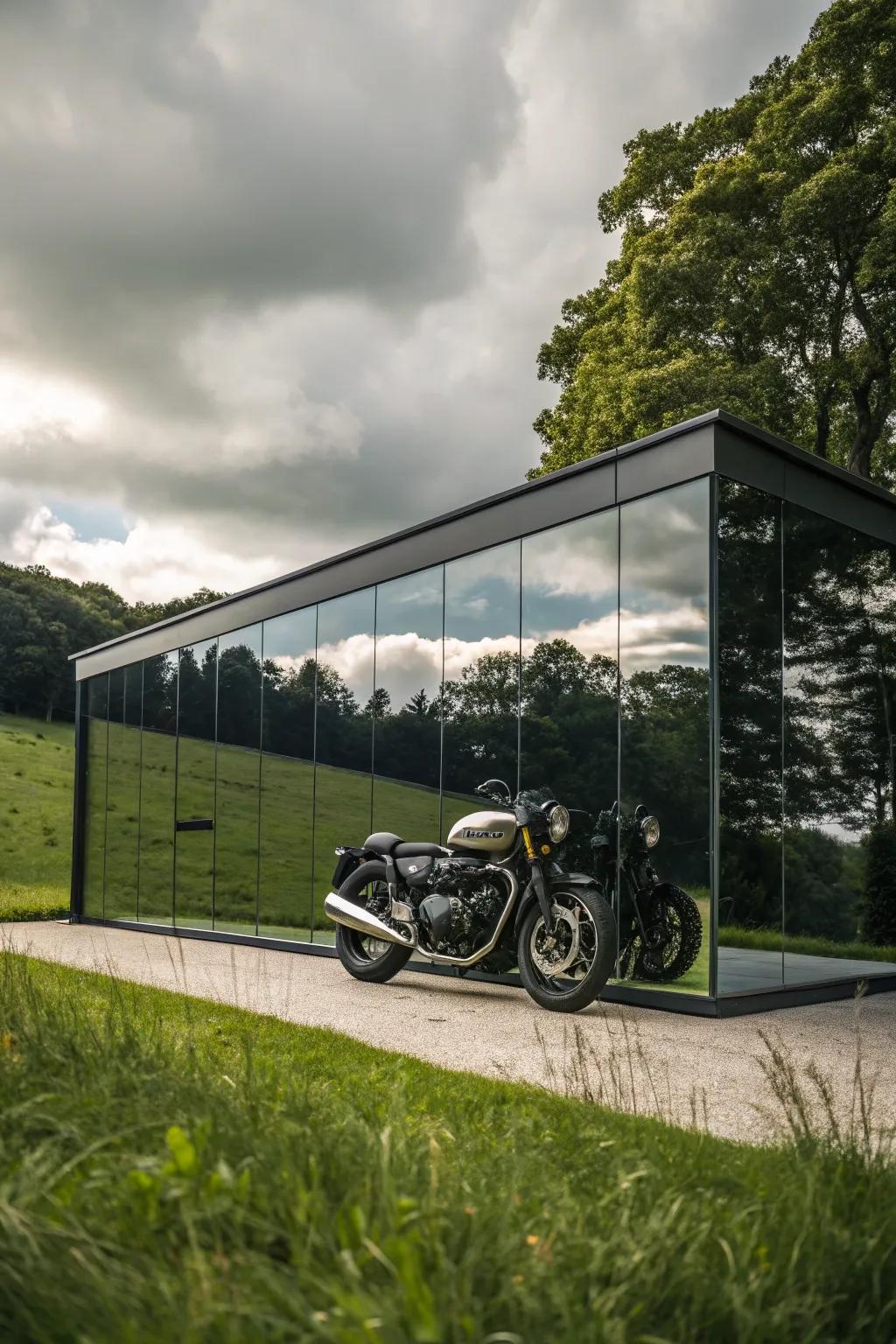 Disappear into the landscape with this stunning mirrored motorcycle shed, where craftsmanship meets innovation.