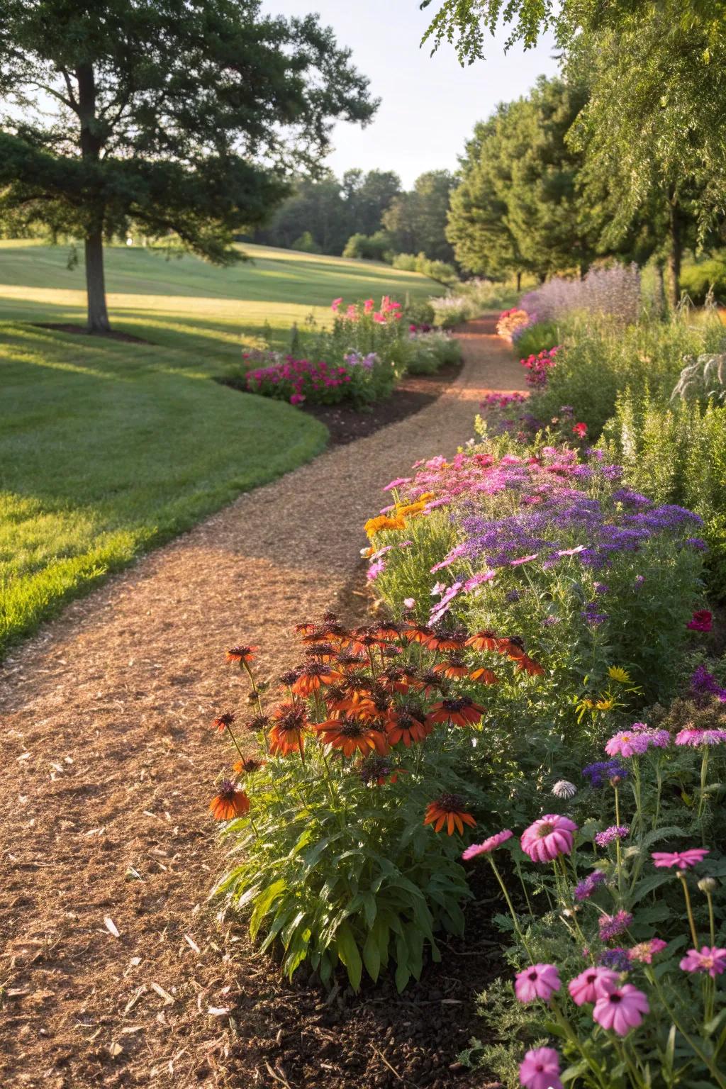 Step into serenity: A beautifully crafted mulch pathway embraced by a vibrant wildflower border.
