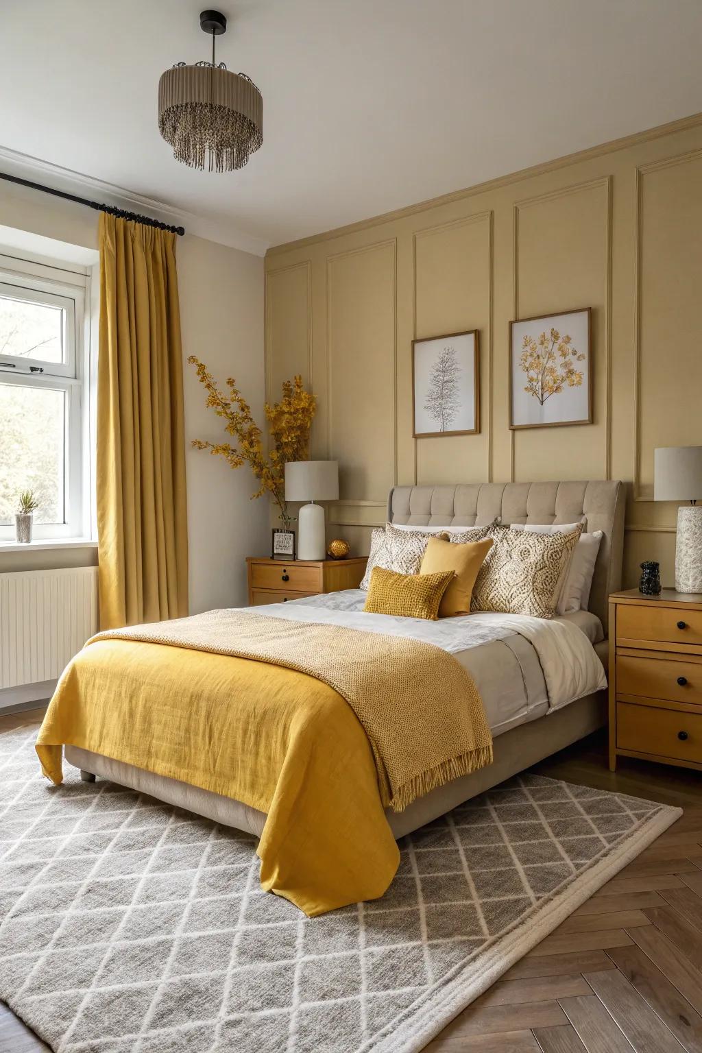 A harmonious monochrome bedroom featuring varied mustard tones.