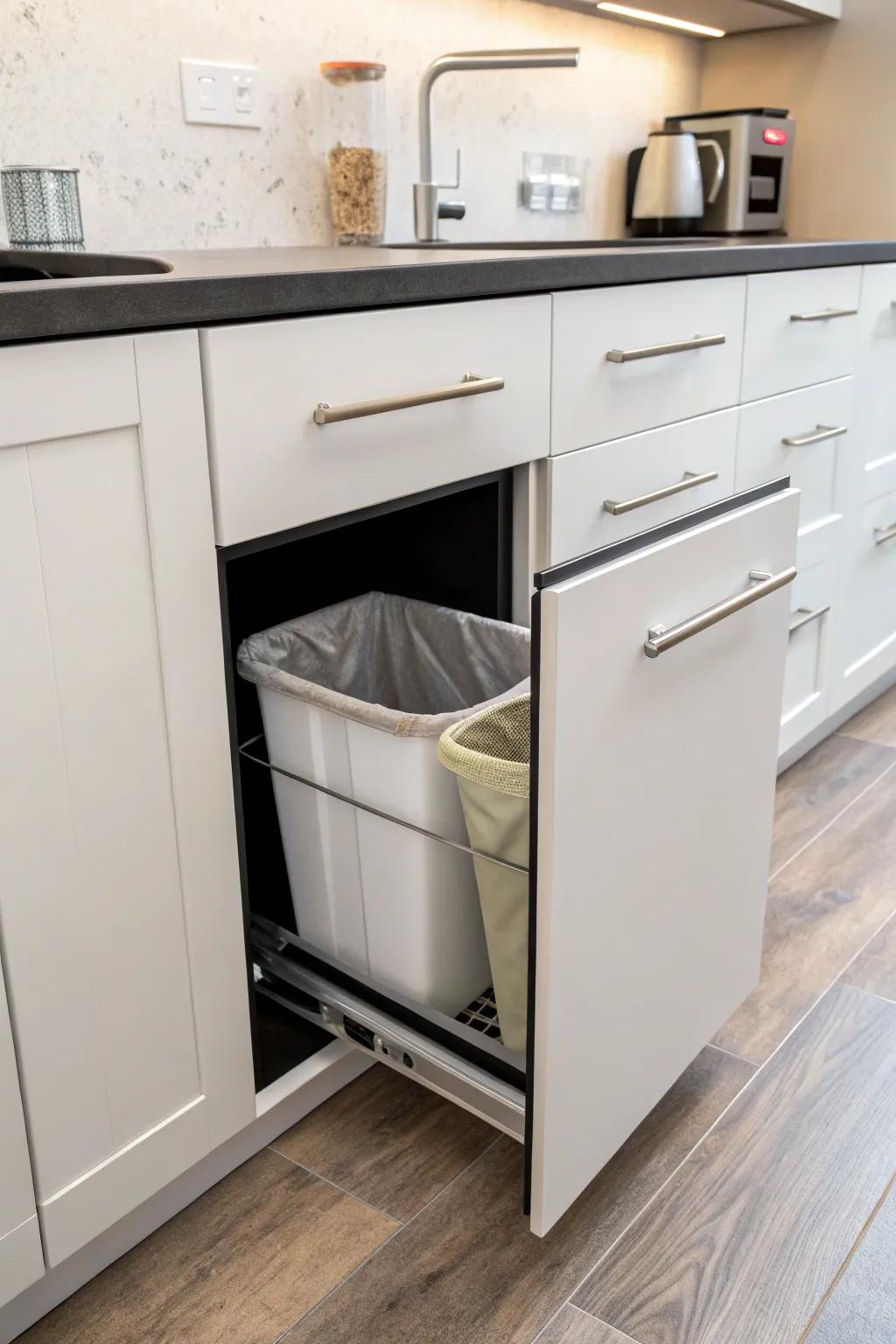 A narrow cabinet concealing a trash compartment for a tidy kitchen.