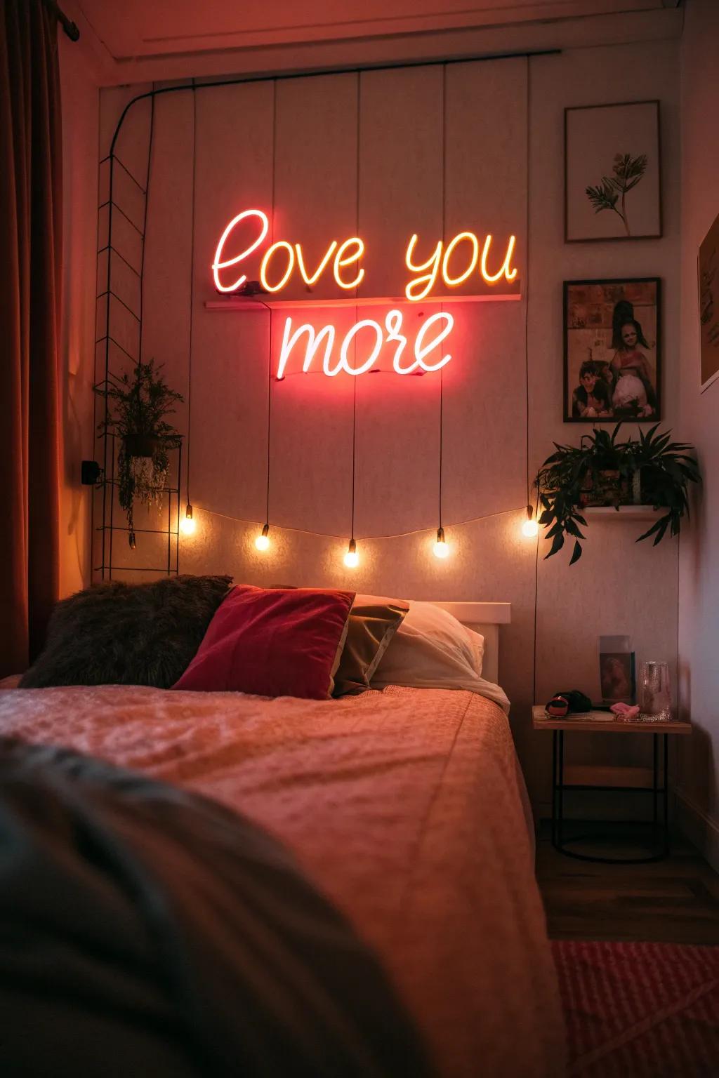 A romantic neon sign sets an intimate mood in the bedroom.