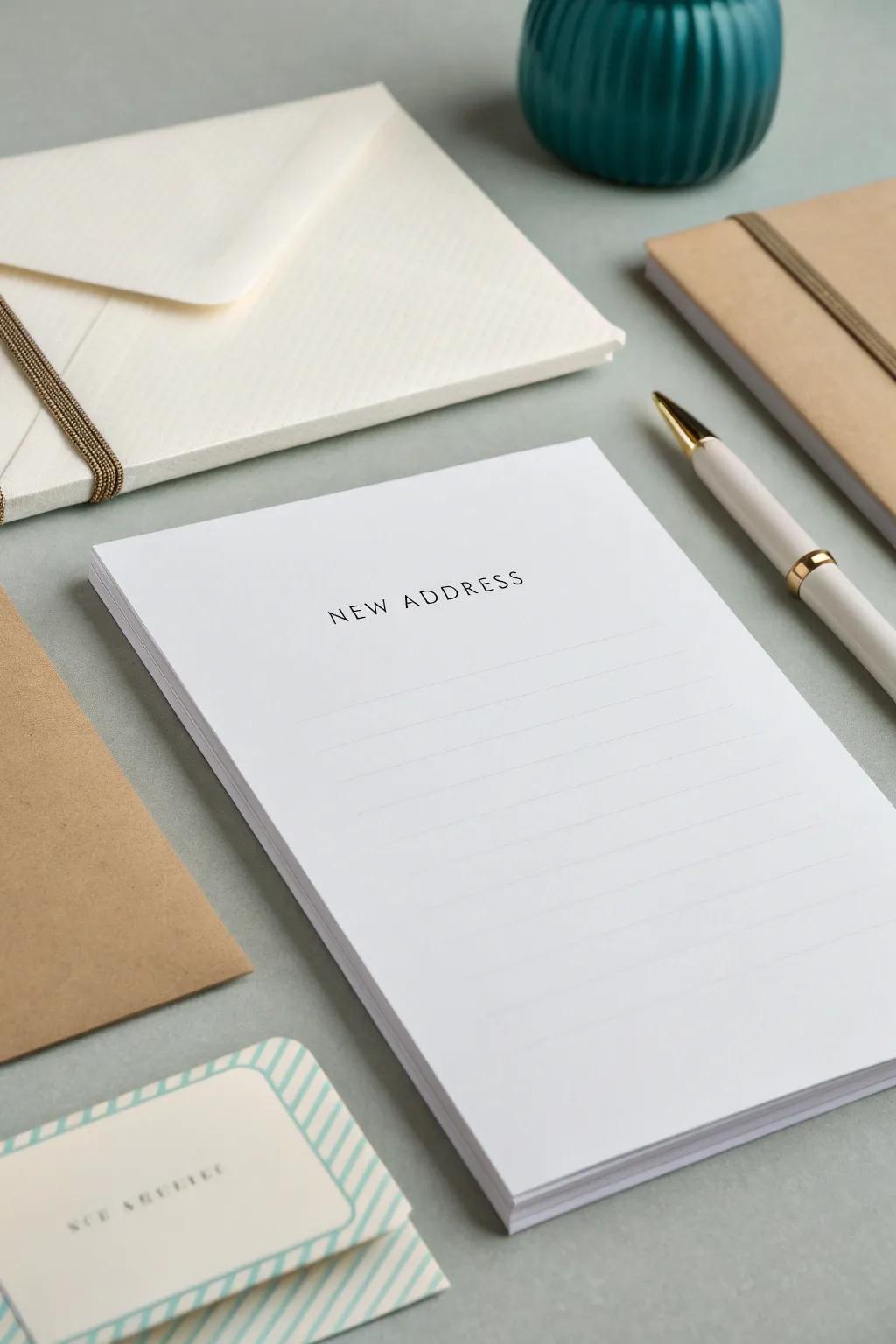 Custom stationery elegantly announces a new address.