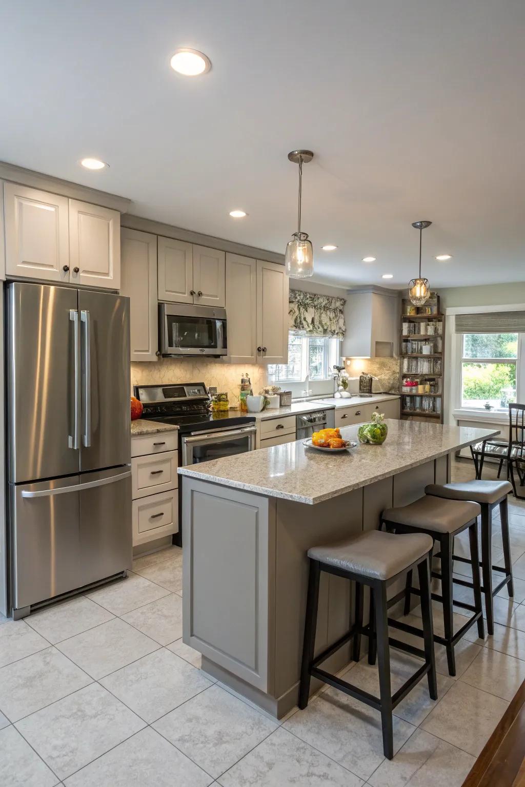 A kitchen featuring a peninsula, offering functionality in a compact design.
