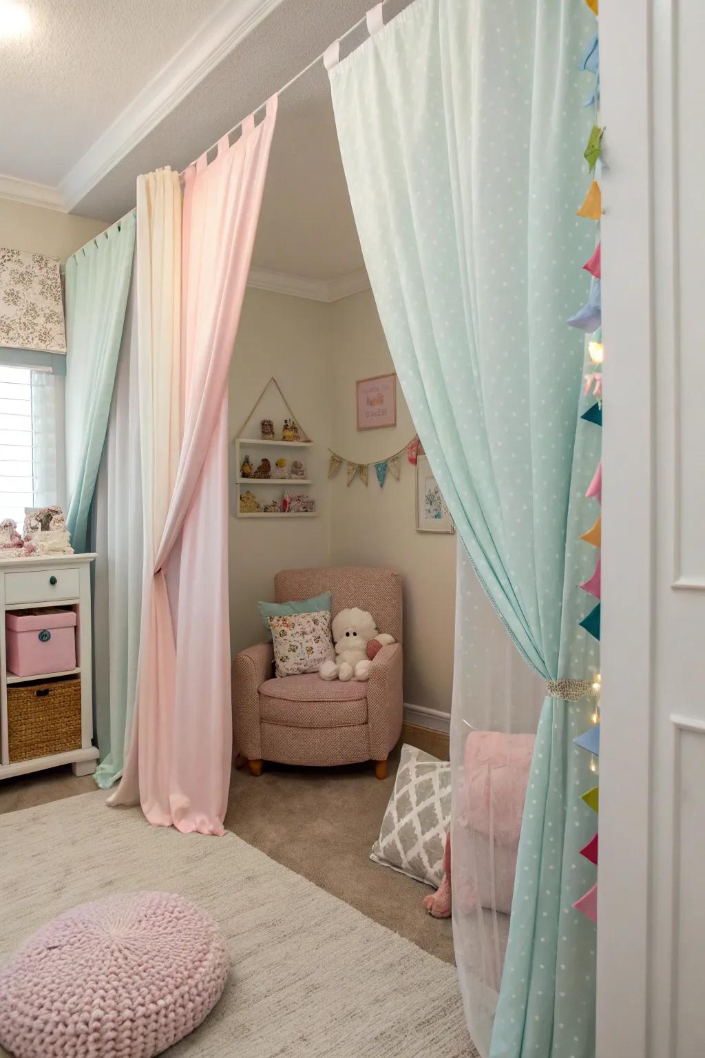 Curtains can easily create a private nook within a larger room.