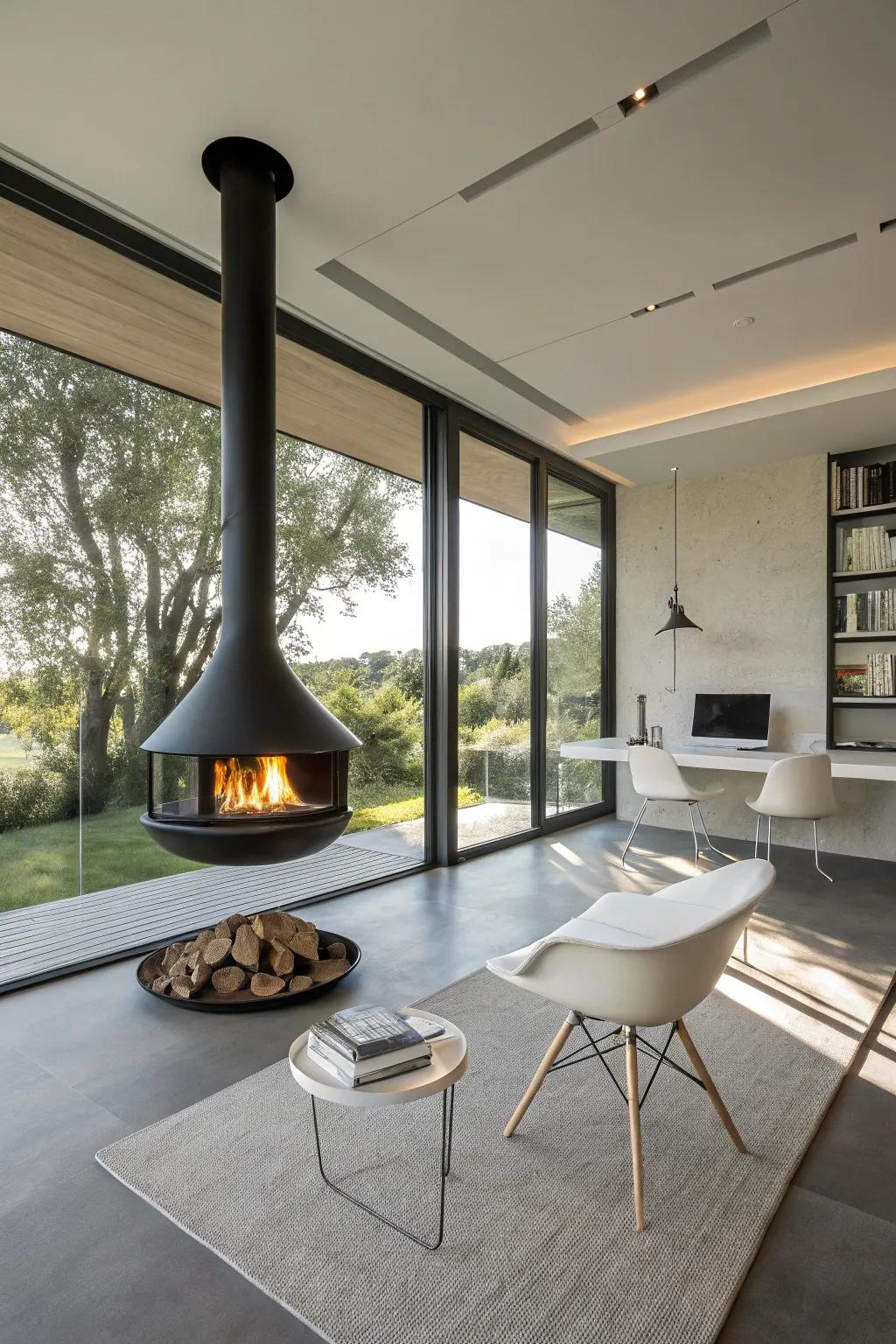 A floating fireplace offers a modern artistic touch.