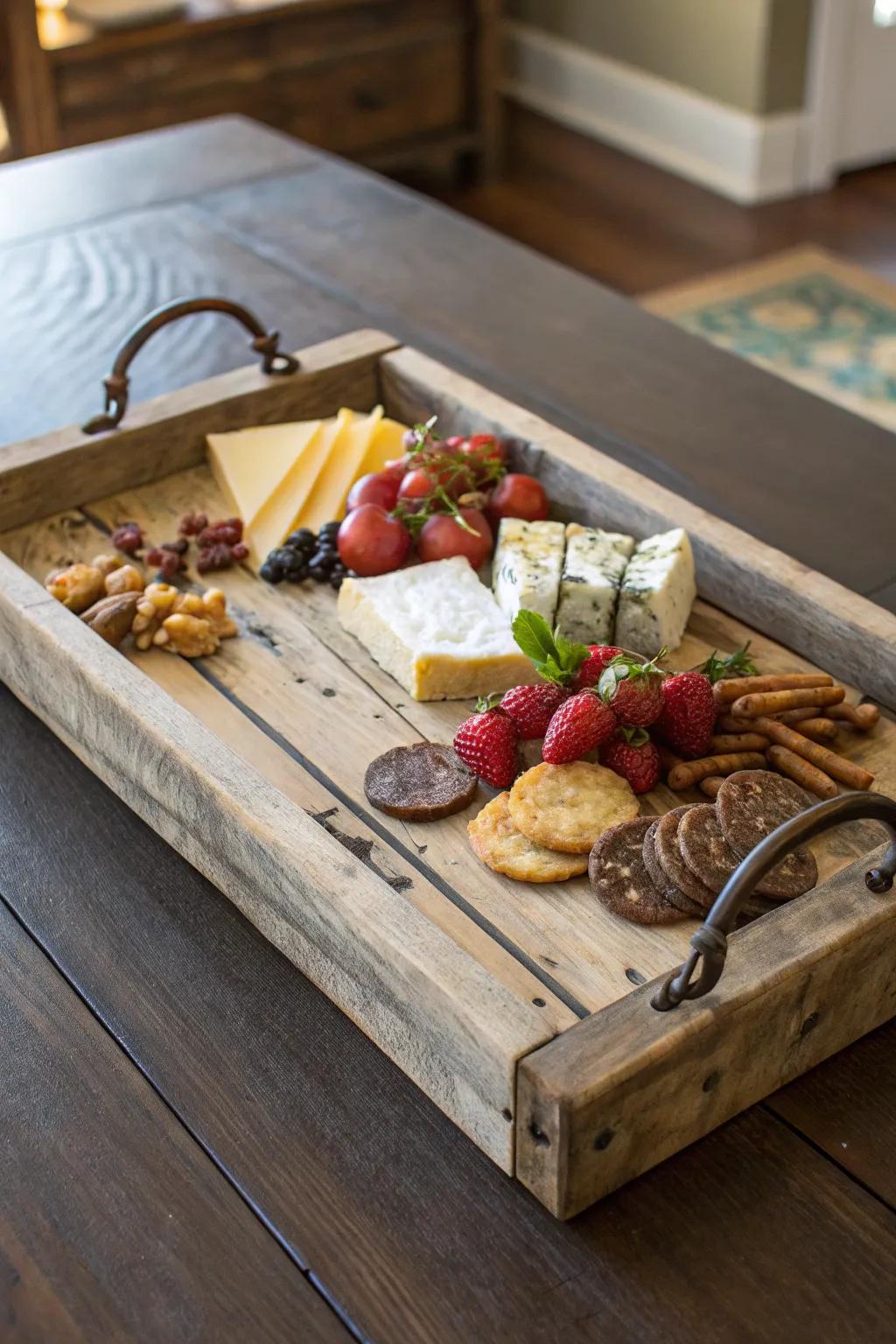 Elevate your hosting game with this handcrafted serving tray made from reclaimed fence wood—where rustic charm meets timeless elegance.