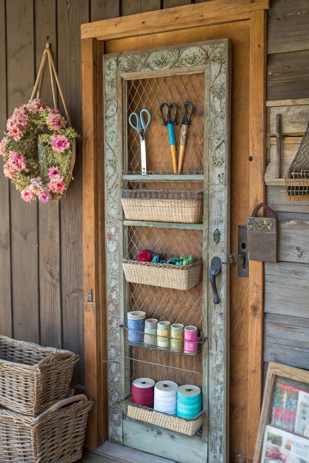 Transform nostalgia into organization with this vintage screen door craft supply organizer.