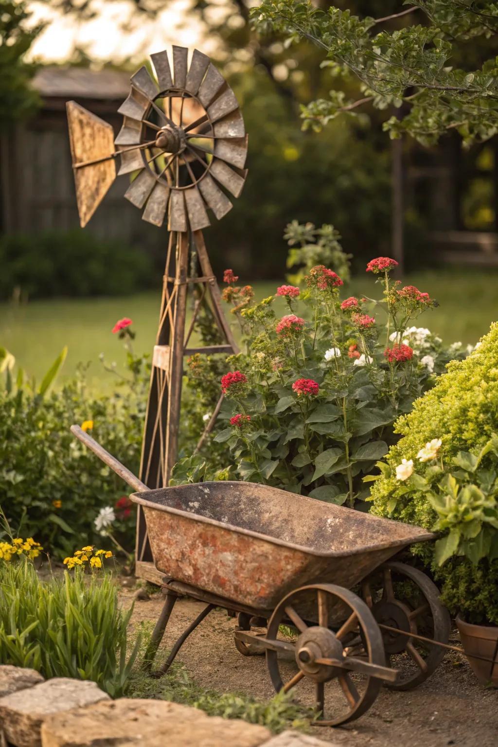 Embrace garden whimsy with a charming windmill accent on a vintage wheelbarrow.