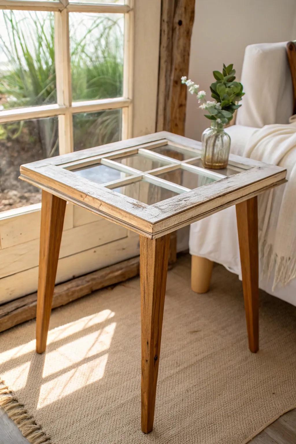 Upcycle elegance: A charming side table crafted from an old window, perfect for adding a touch of minimalistic beauty to your space.