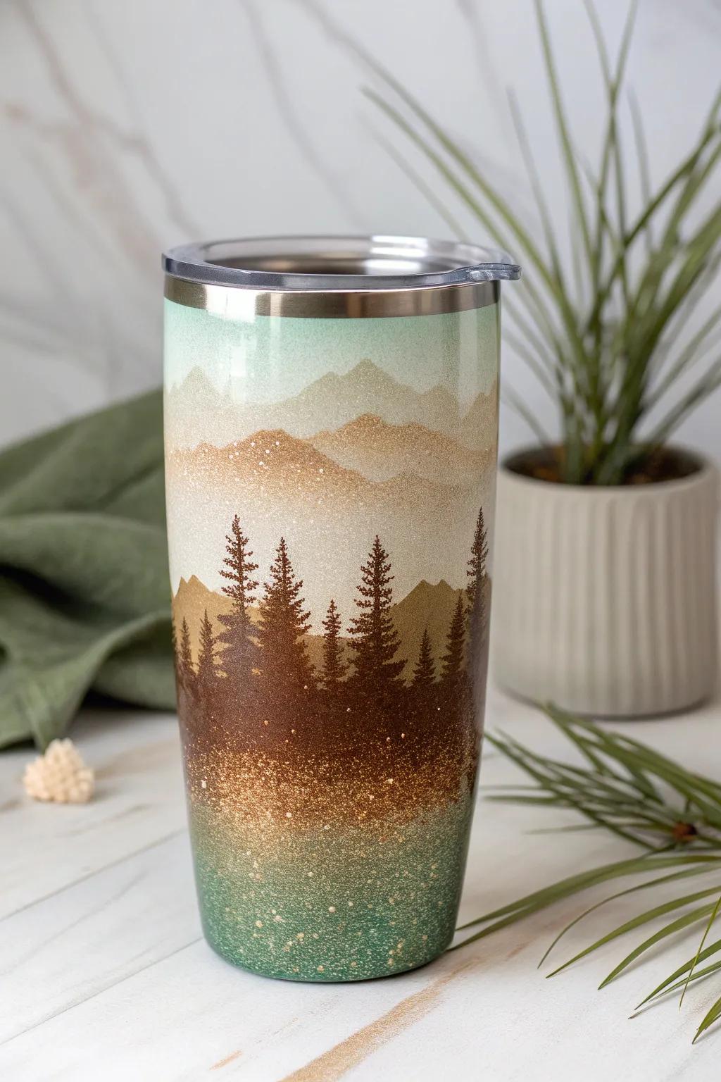 Embrace nature with this earthy ombre glitter tumbler – perfect for outdoor lovers and minimalists alike.