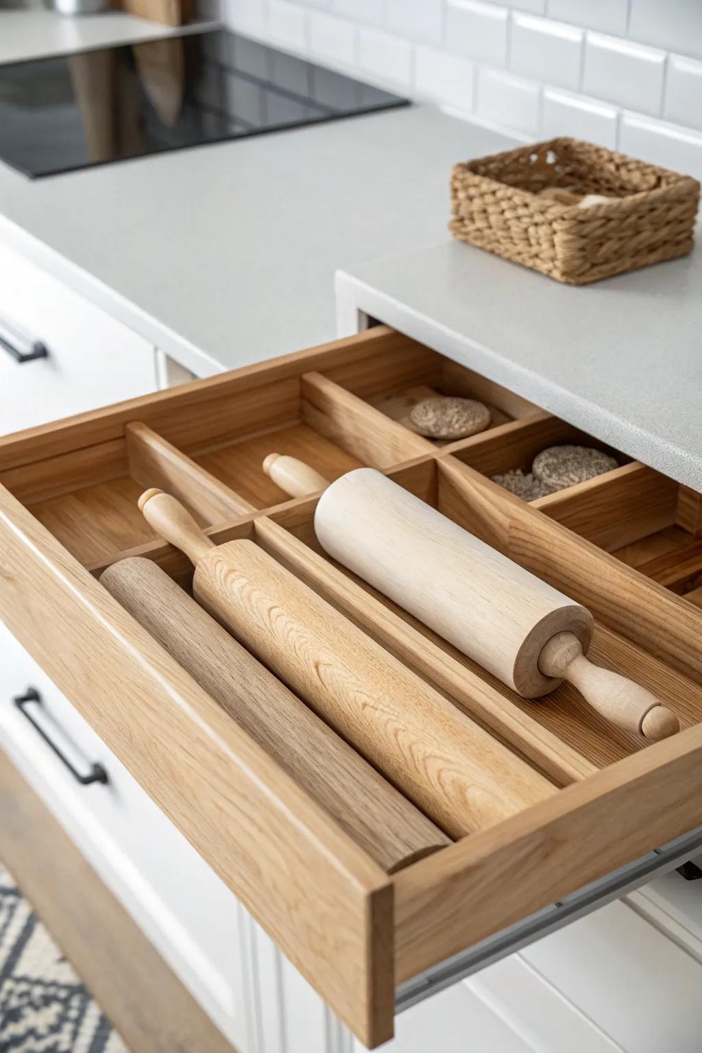 Revolutionize your kitchen organization with a touch of Scandinavian elegance—rolling pins as dividers!
