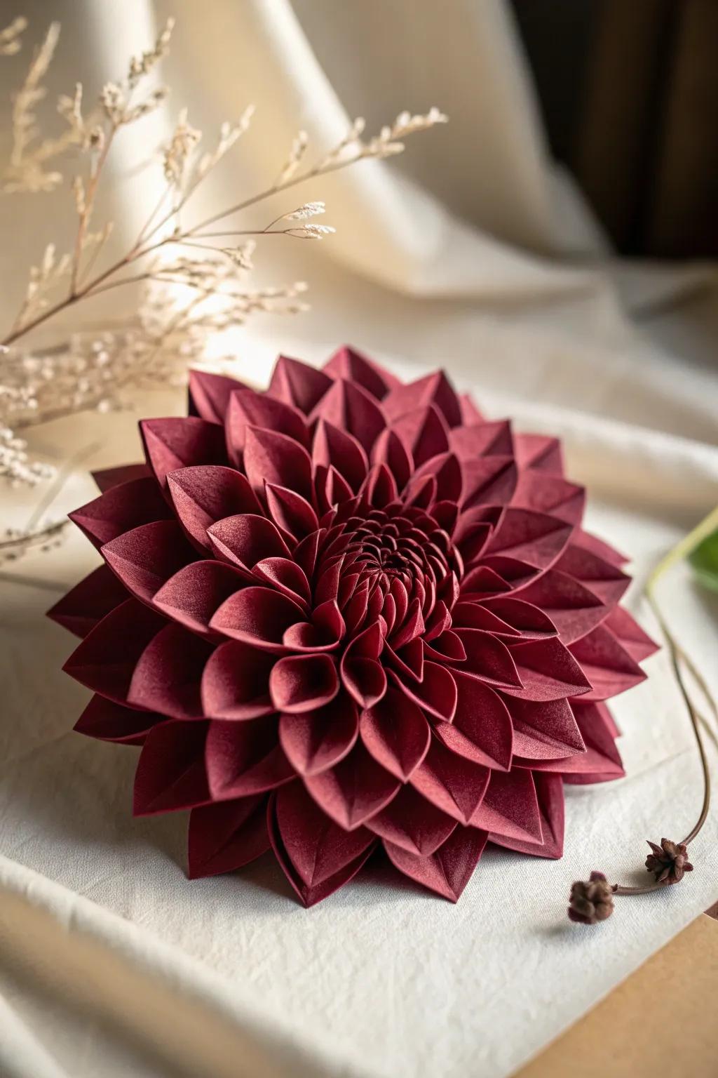 Unfold the drama with this bold origami dahlia—where minimalist design meets striking beauty.