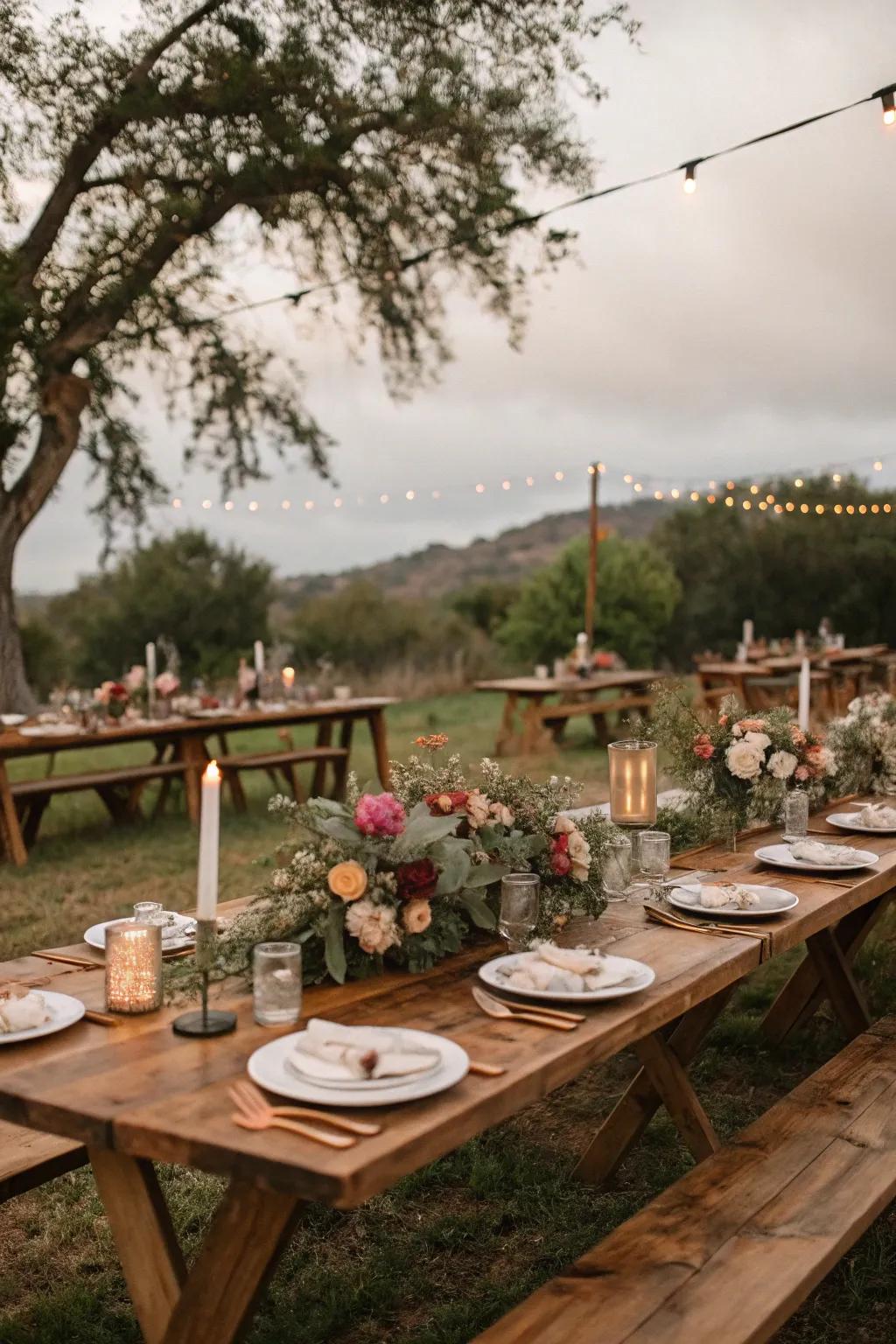 Natural wood tables set the stage for a stunning boho tablescape.