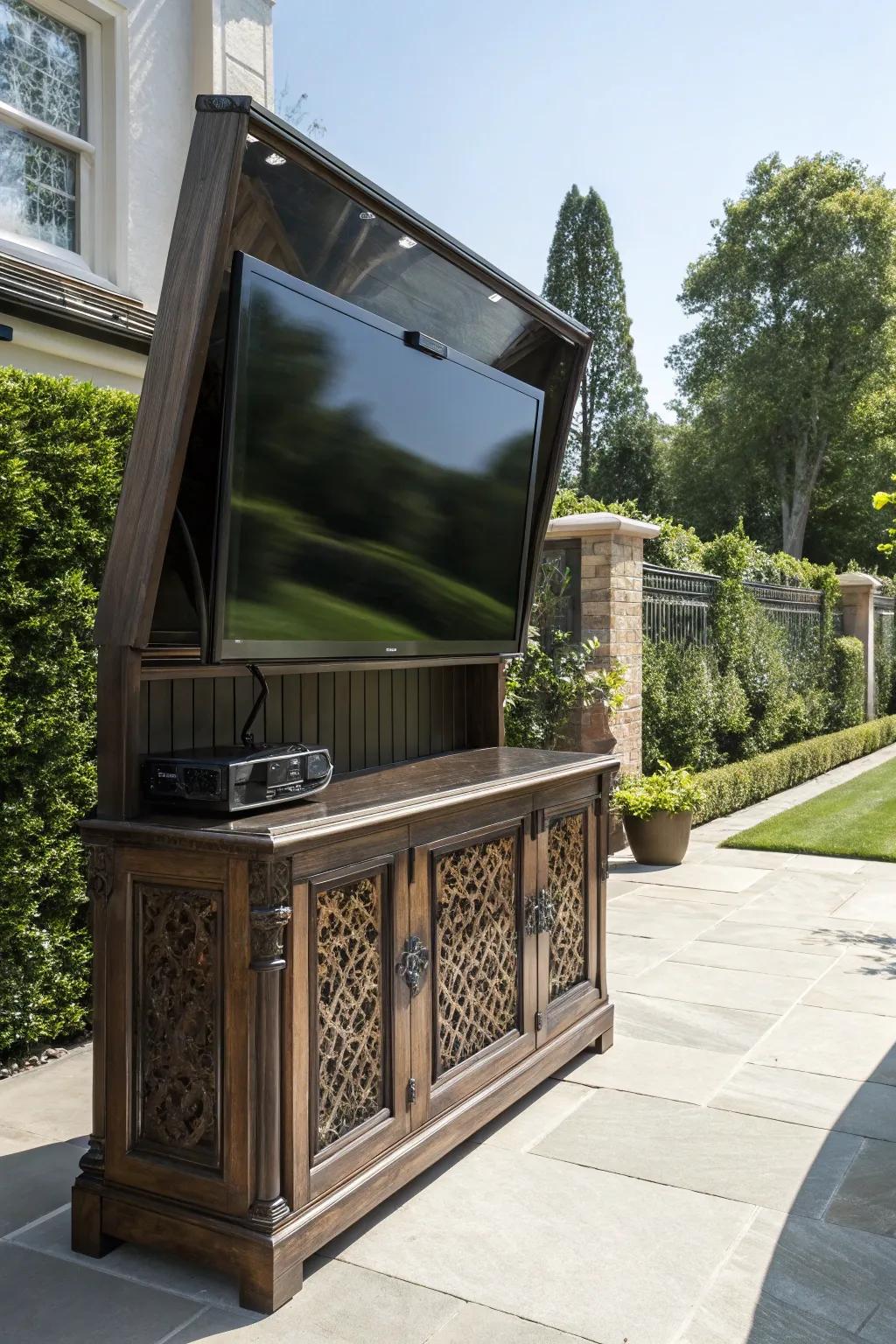Elevate your outdoor entertainment with a stylish reflective weather shield—where protection meets brilliance.