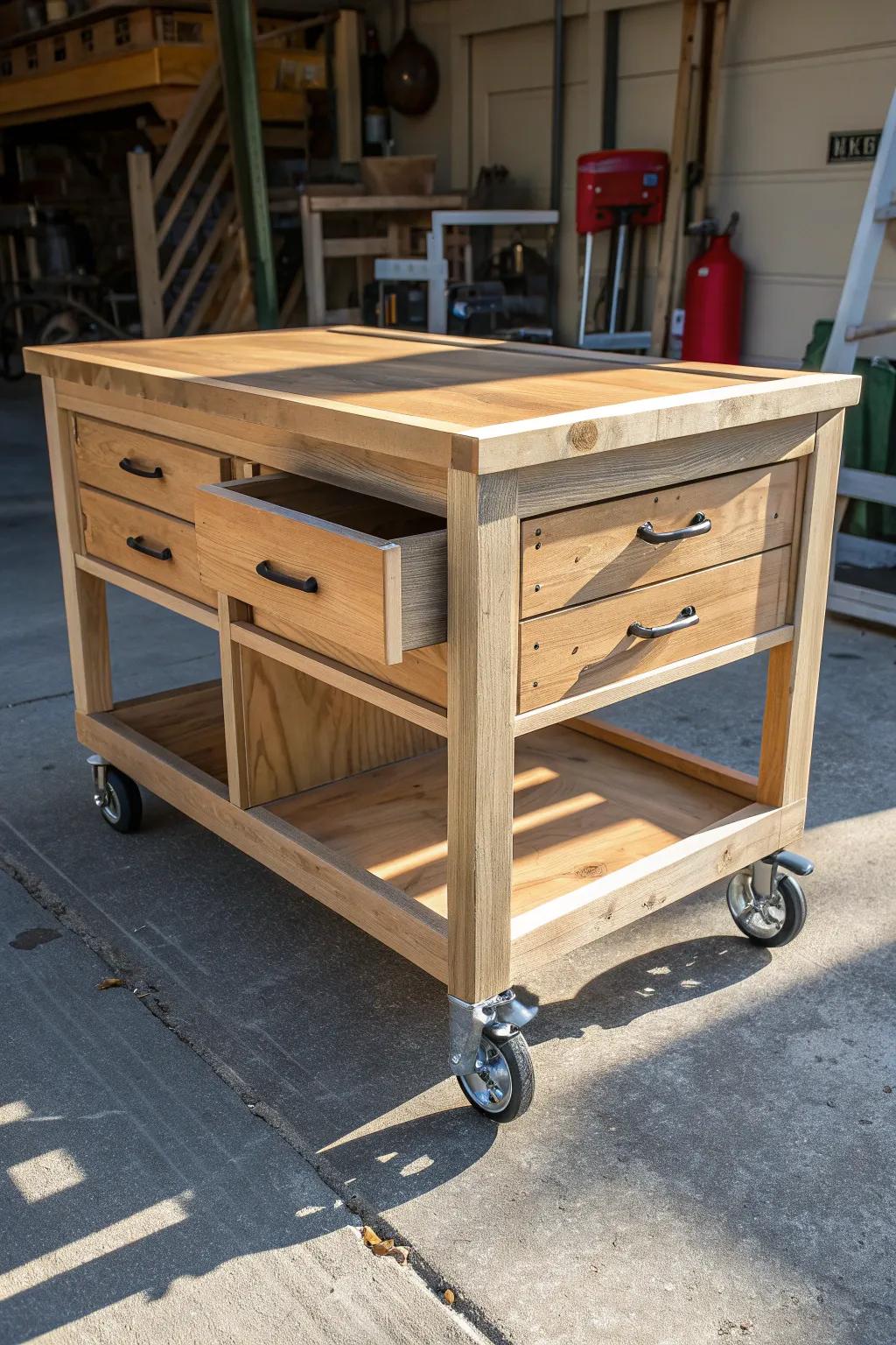 Craftsmanship on the move: A versatile rolling cart for dynamic outdoor workshops.