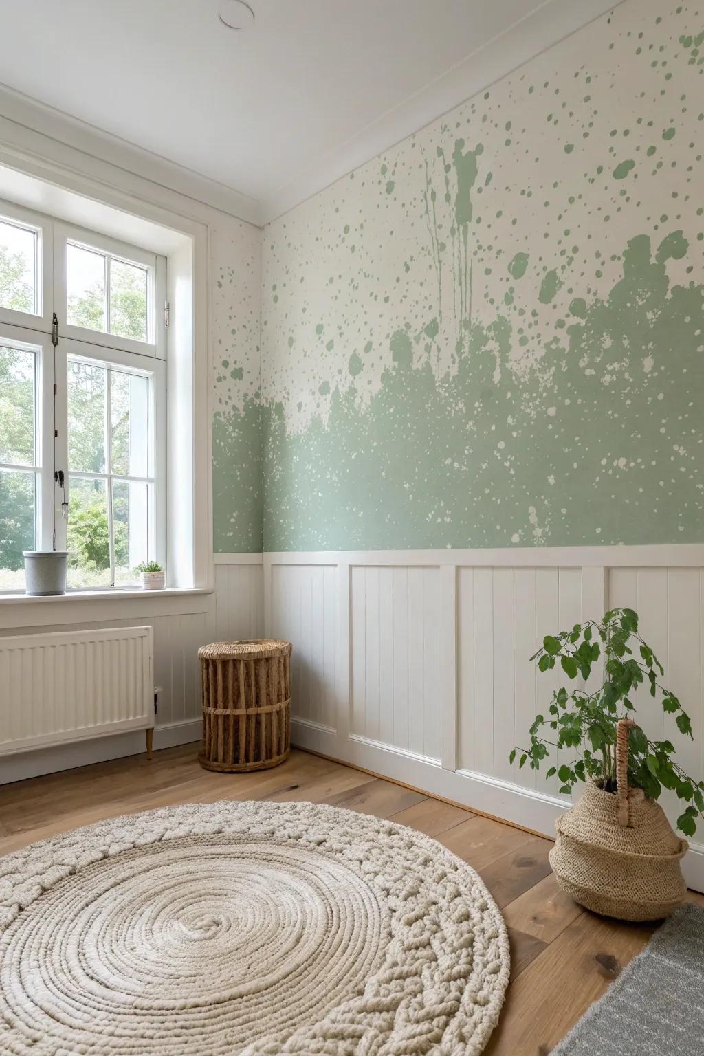 Embrace elegance with a two-tone paint splatter wall: a perfect blend of Scandinavian minimalism and Boho charm.