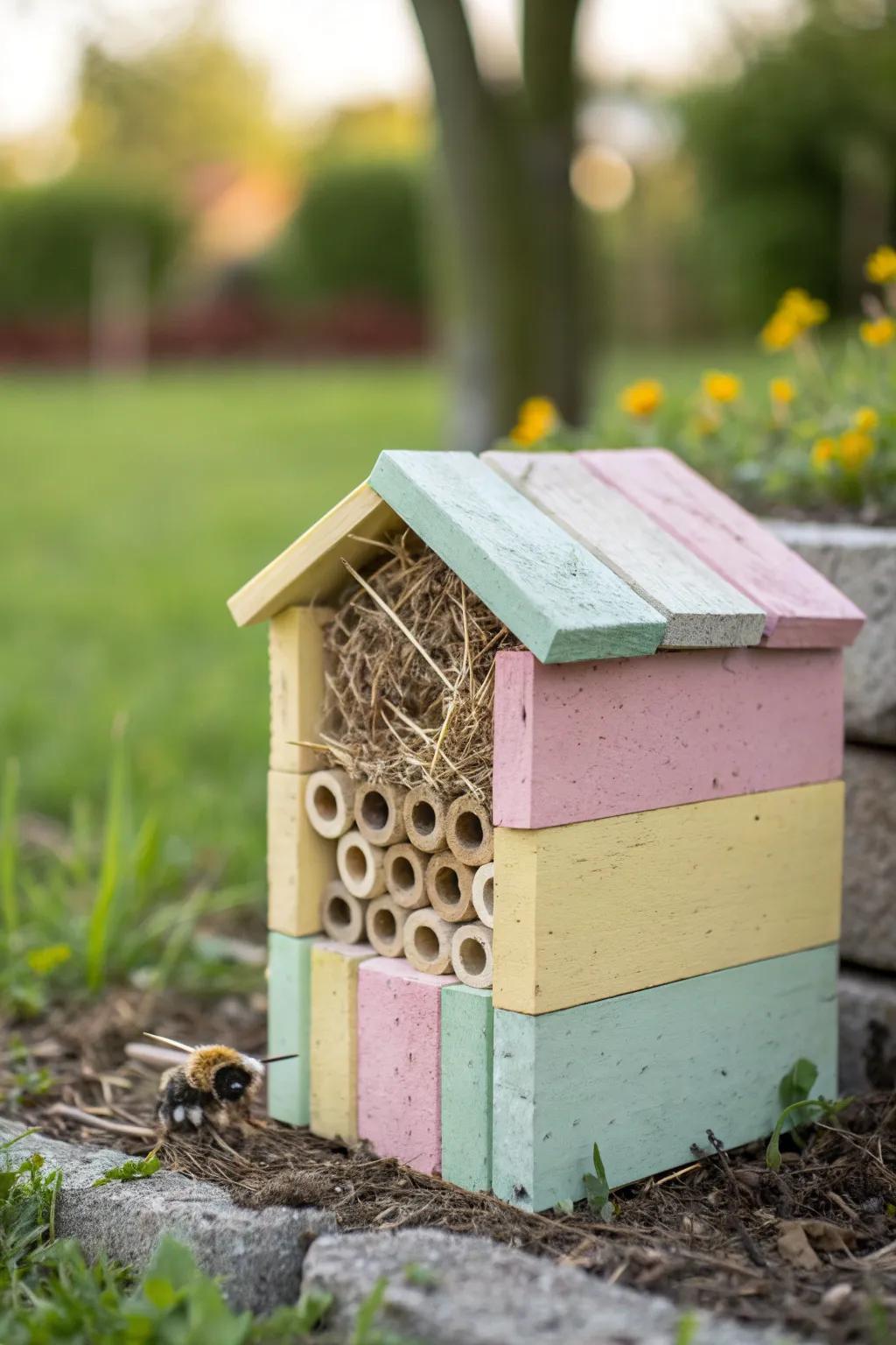 Invite nature into your garden with a charming bee hotel crafted from painted cinder blocks. #GardenInspiration #BeeFriendly