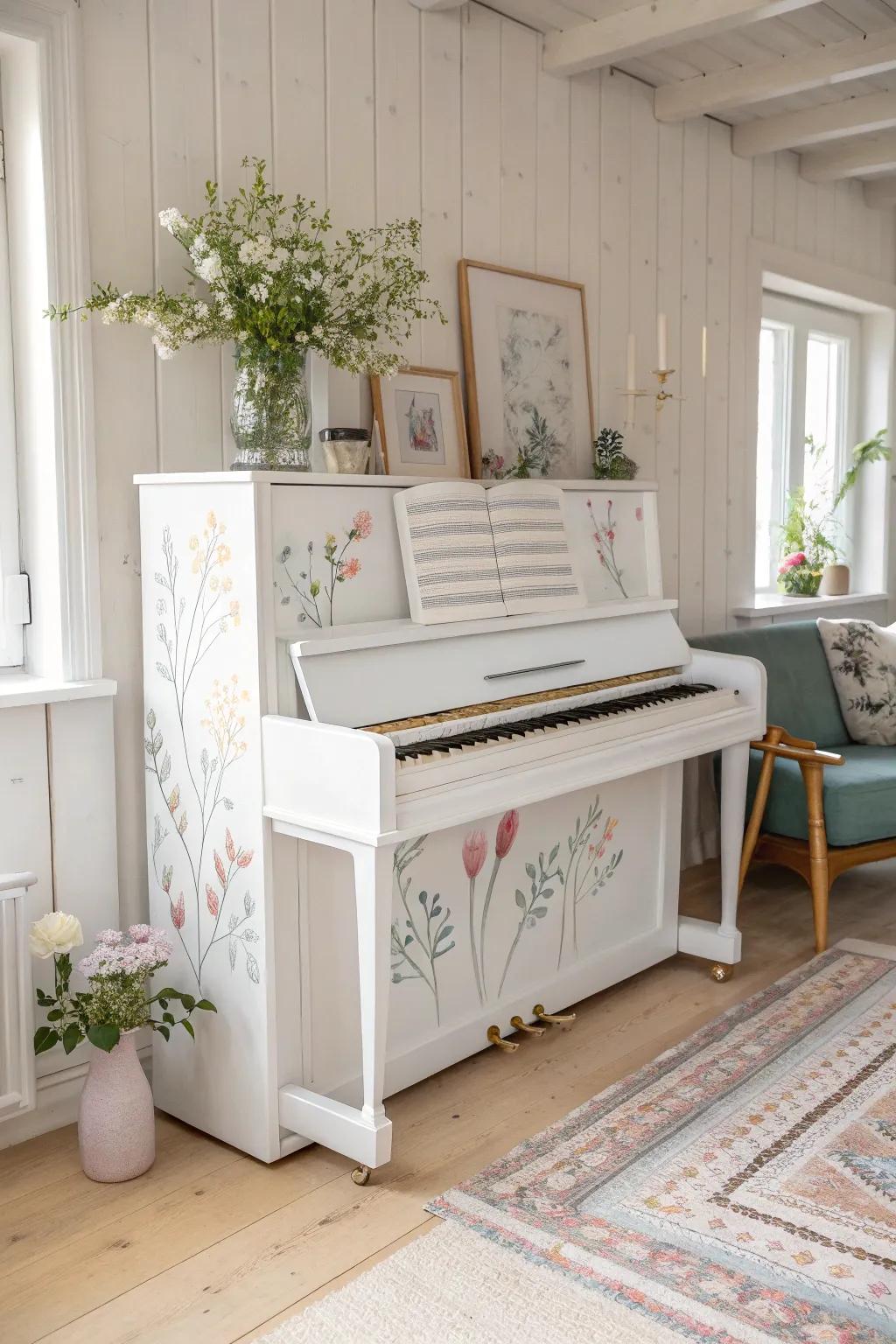 Embrace the beauty of spring with a pastel-painted piano and fresh blooms.