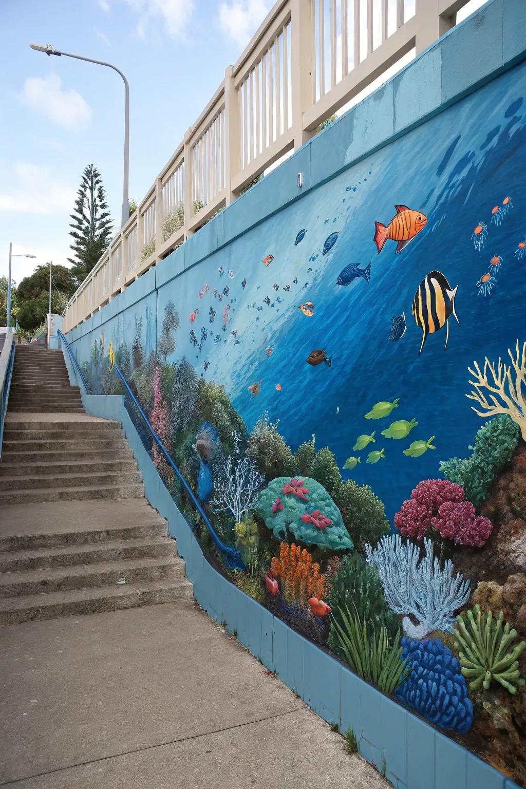 Transform your backyard into an underwater paradise with this stunning ocean-themed mural.