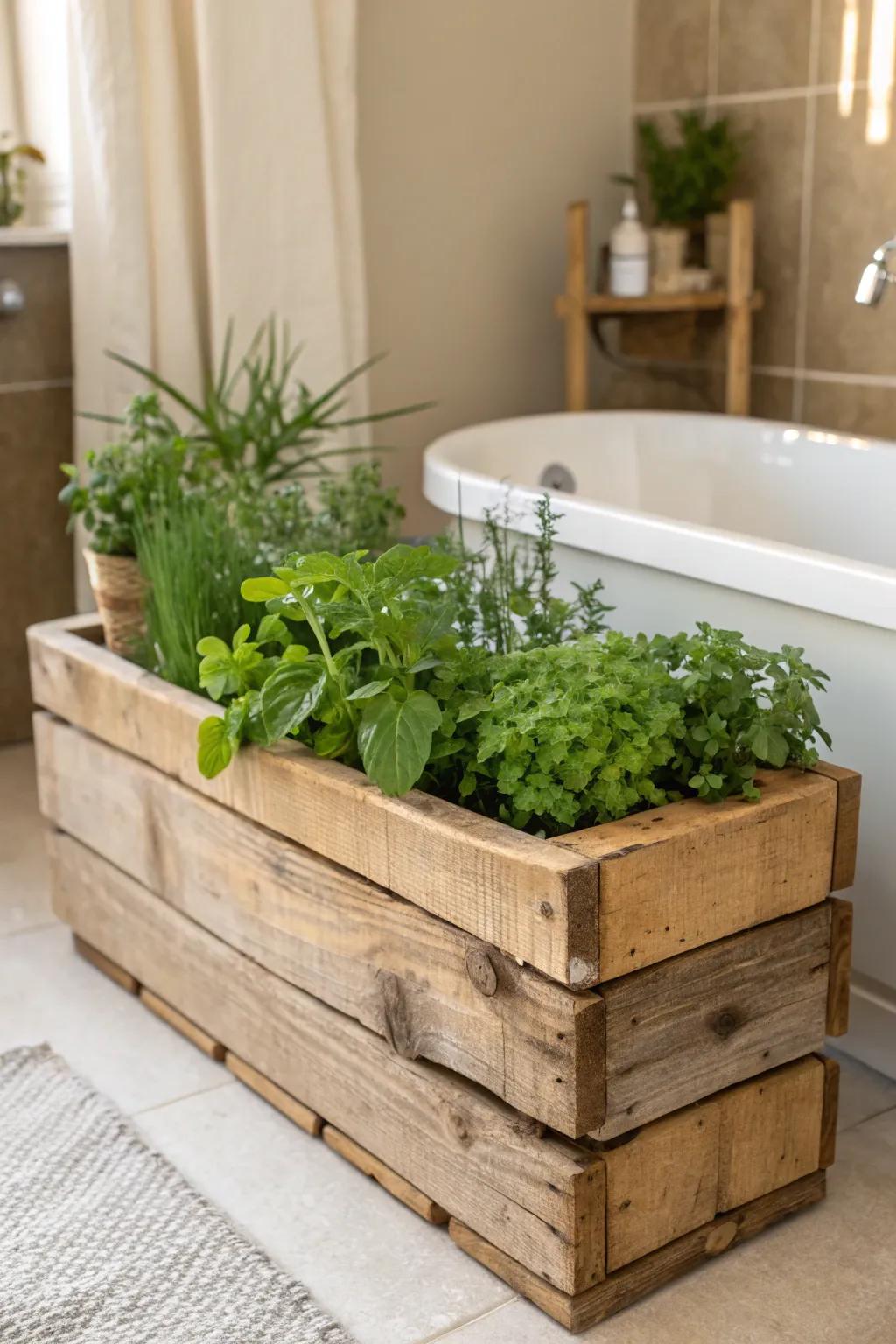 Elevate your bathroom's style with a handcrafted pallet planter box, where nature meets craftsmanship.